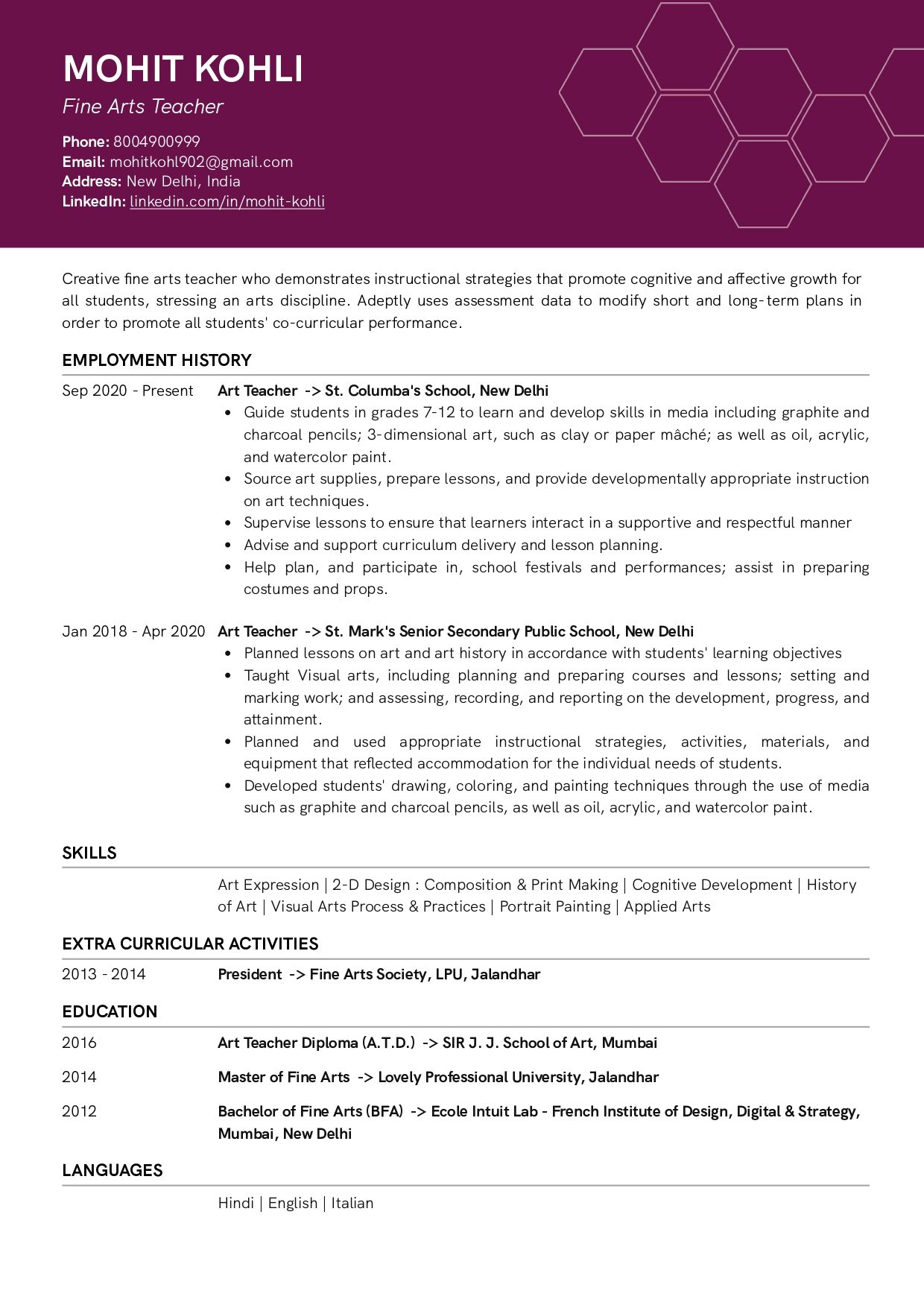 Sample Resume of PGT Fine Arts Teacher | Free Resume Templates & Samples on Resumod.co