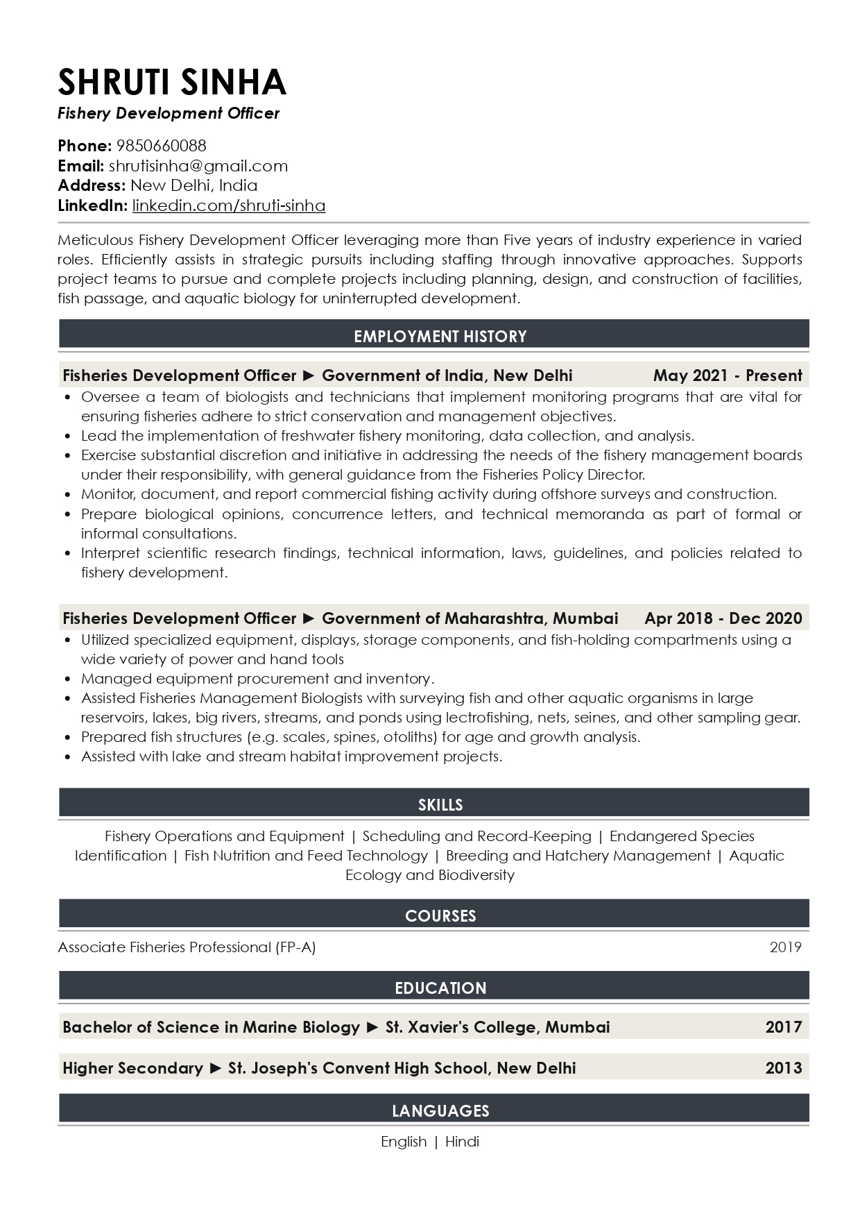 Sample Resume of Fishery Development Officer | Free Resume Templates & Samples on Resumod.co
