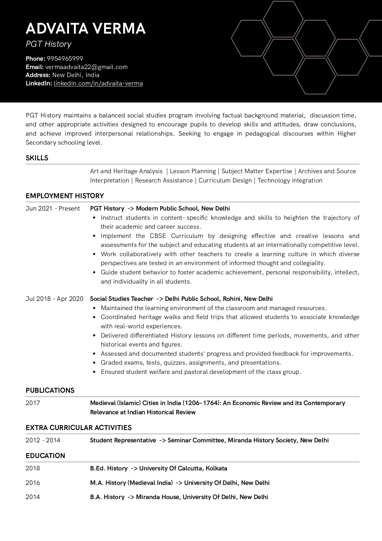 Sample Resume of PGT History Teacher | Free Resume Templates & Samples on Resumod.co