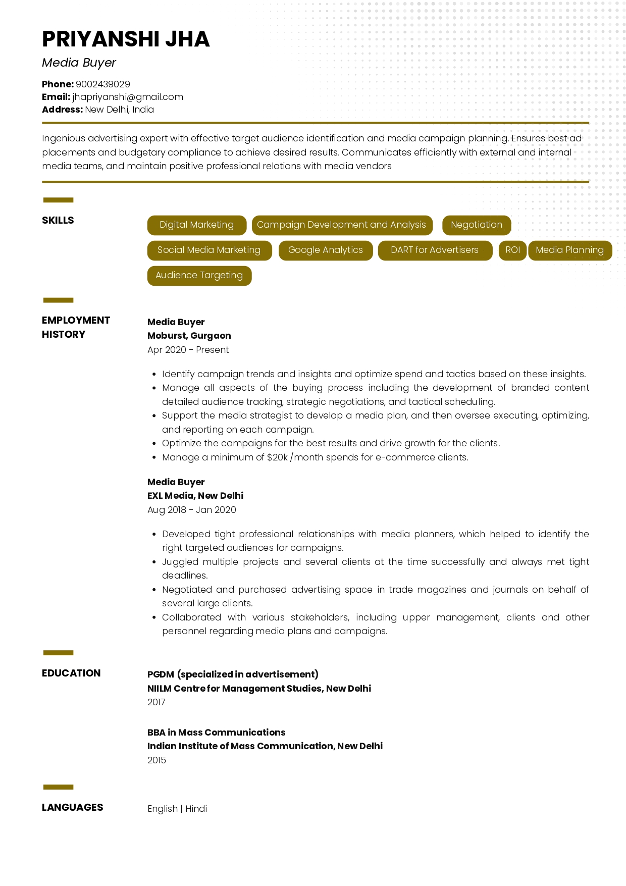 Sample Resume of Media Buyer | Free Resume Templates & Samples on Resumod.co