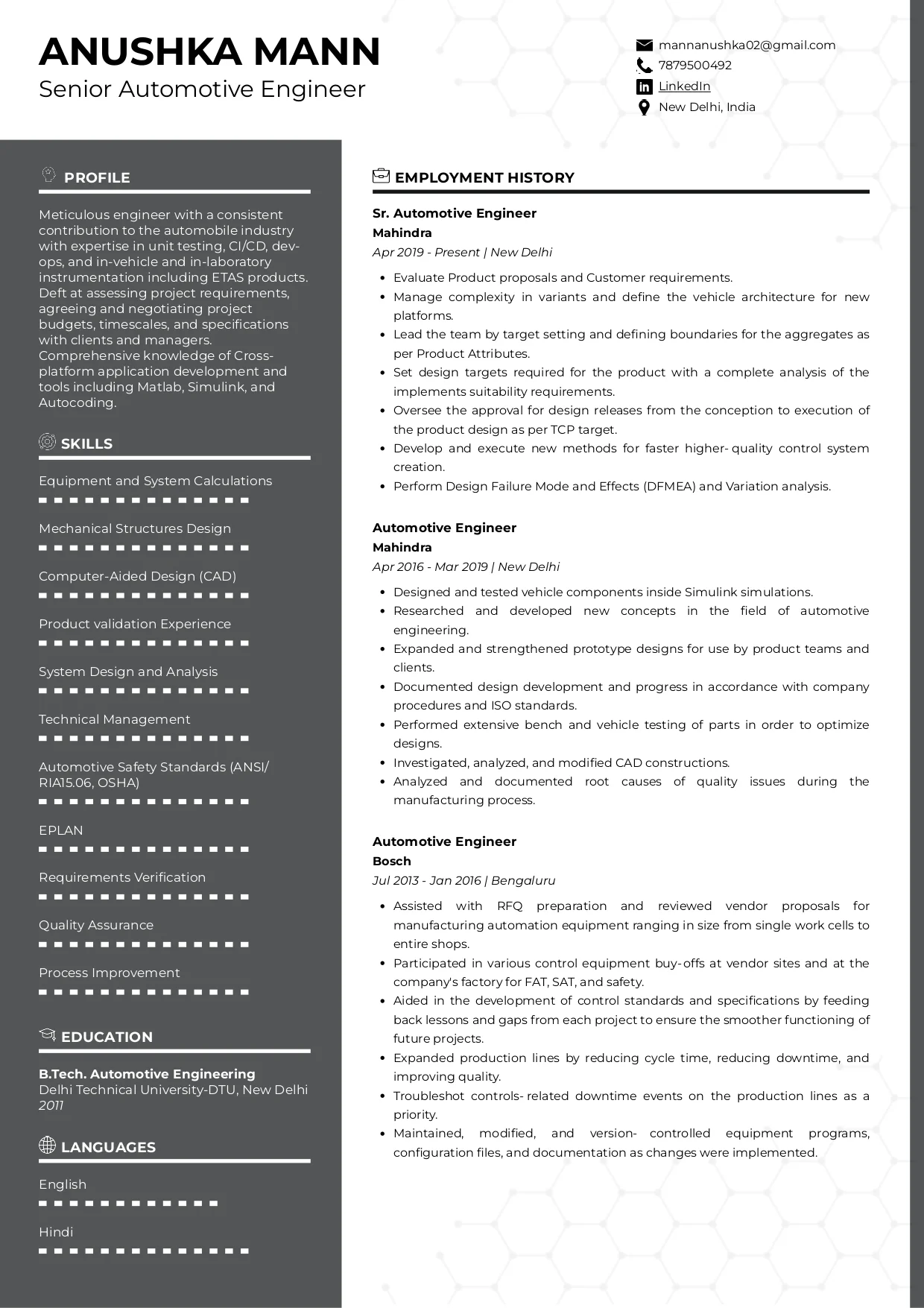 Sample Resume of Senior Automotive Engineer | Free Resume Templates & Samples on Resumod.co