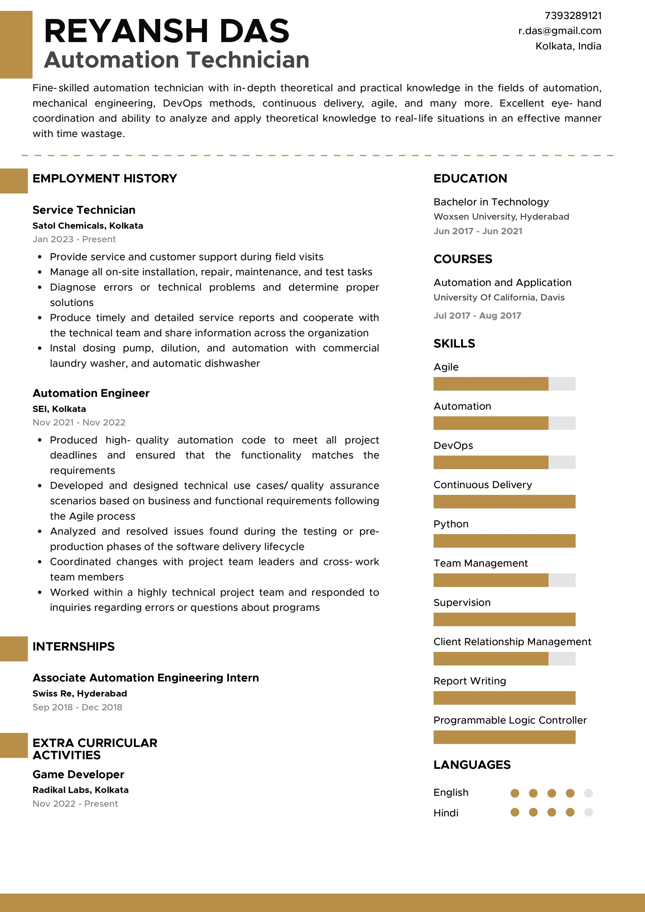 Sample Resume of Automation Technician | Free Resume Templates & Samples on Resumod.co