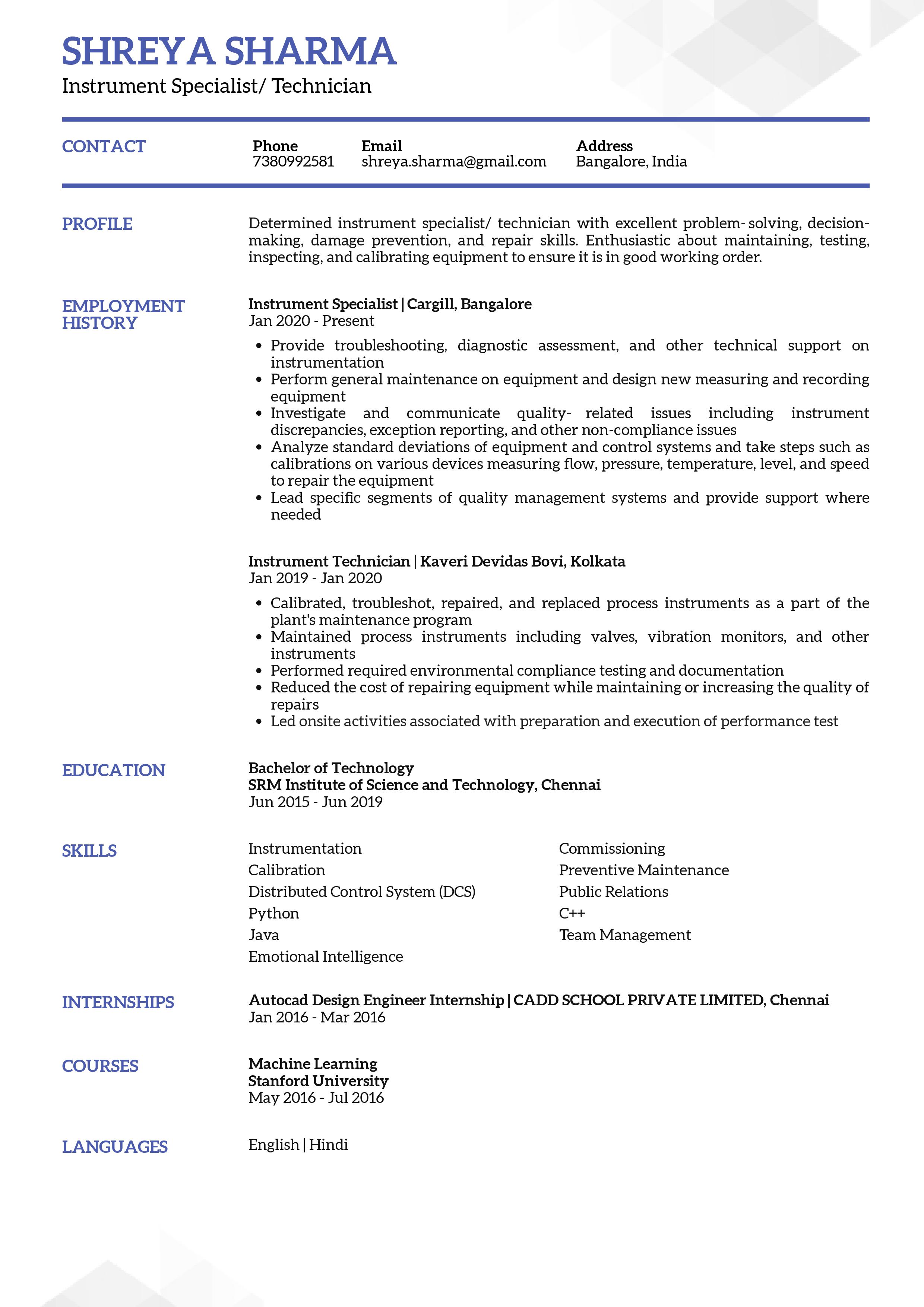 Sample Resume of Instrument Technician | Free Resume Templates & Samples on Resumod.co