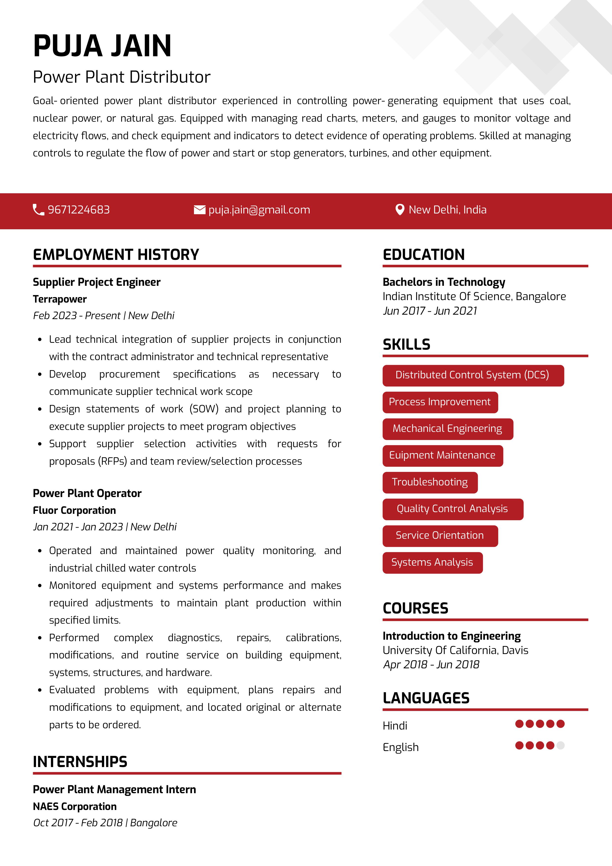 Sample Resume of Powerplant Distributor | Free Resume Templates & Samples on Resumod.co