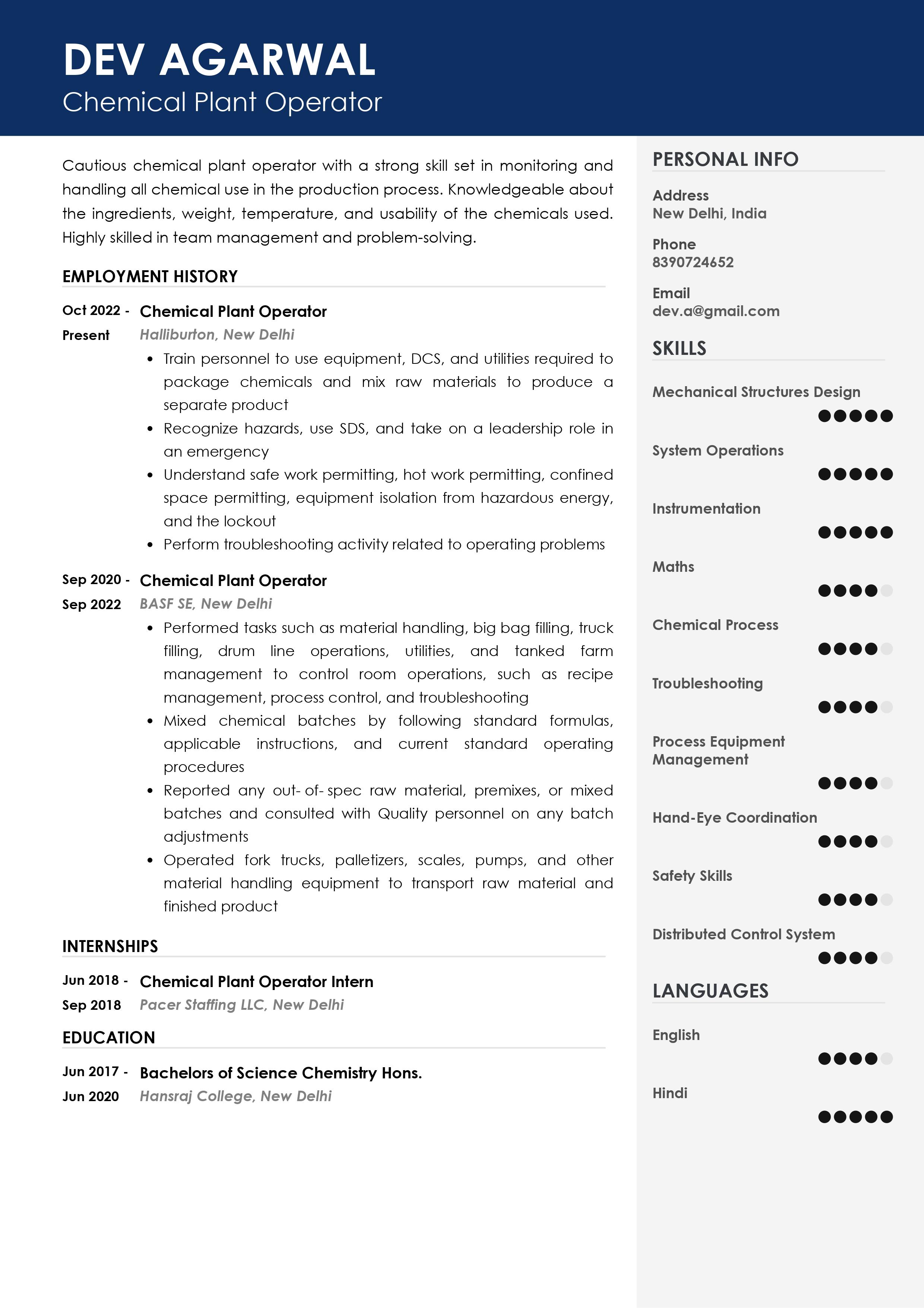 Sample Resume of Chemical Plant Operator | Free Resume Templates & Samples on Resumod.co