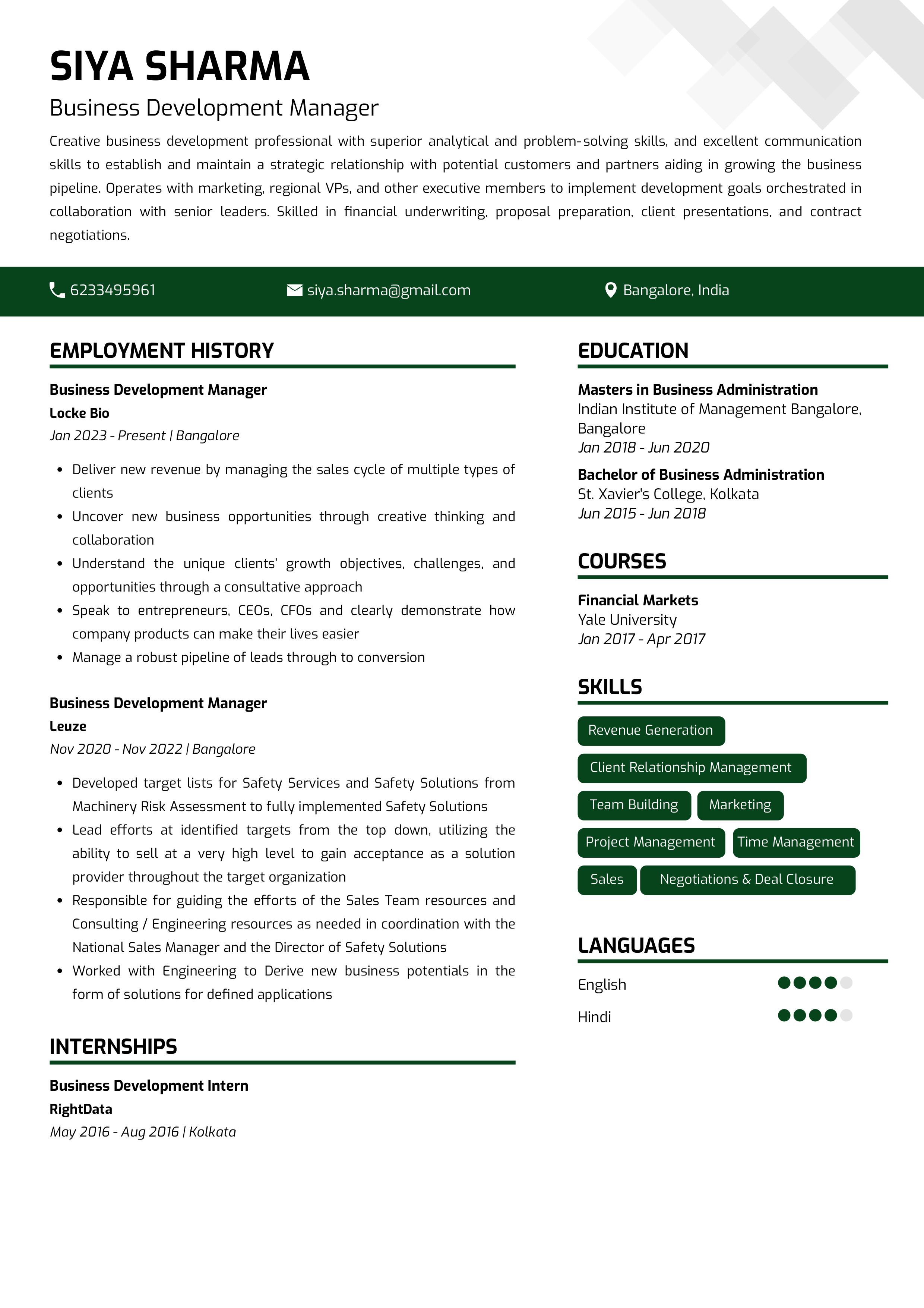 Resume of Business Development Manager