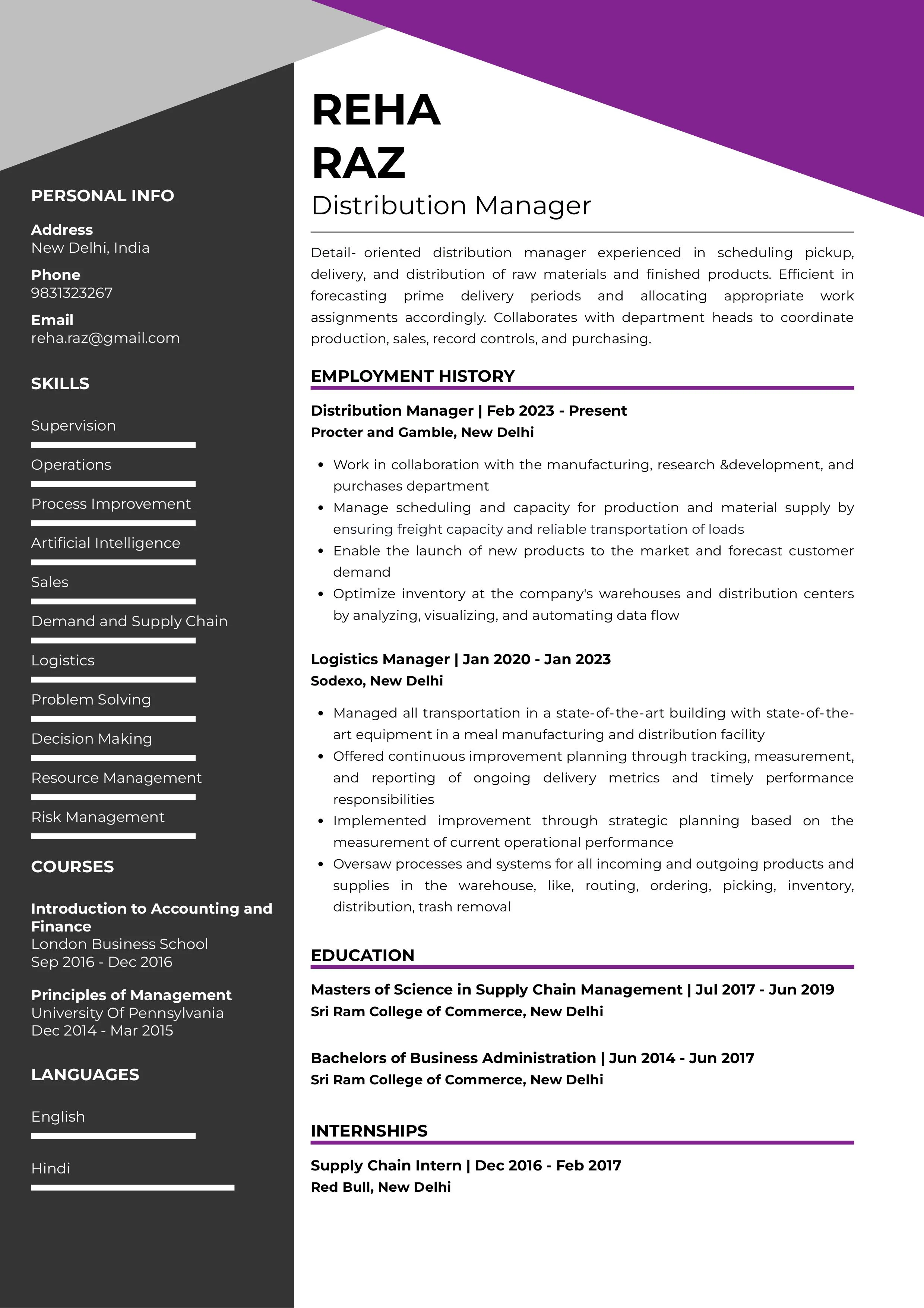 Sample Resume of Distribution Manager | Free Resume Templates & Samples on Resumod.co