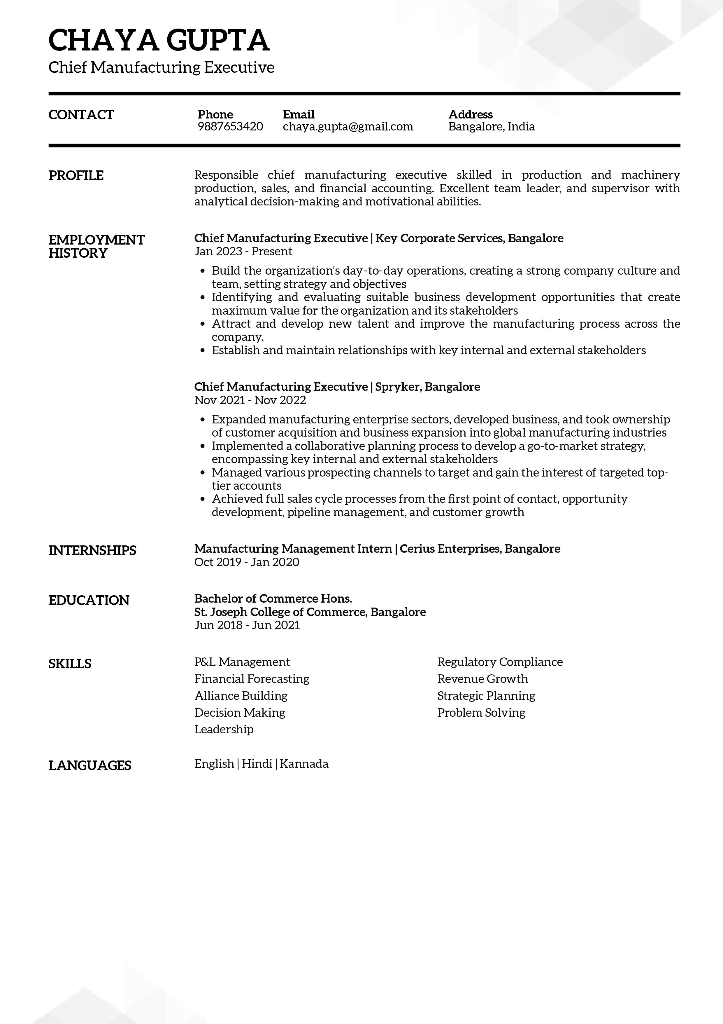 Resume of Chief Manufacturing Executive
