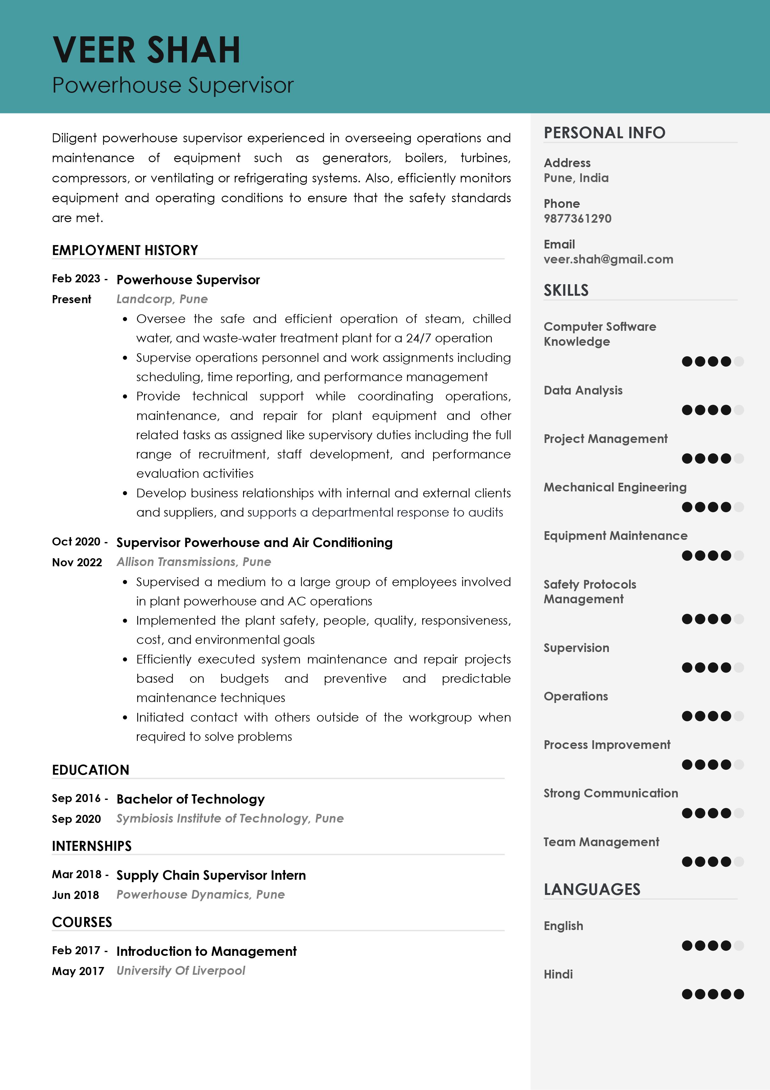 Sample Resume of Powerhouse Supervisor | Free Resume Templates & Samples on Resumod.co