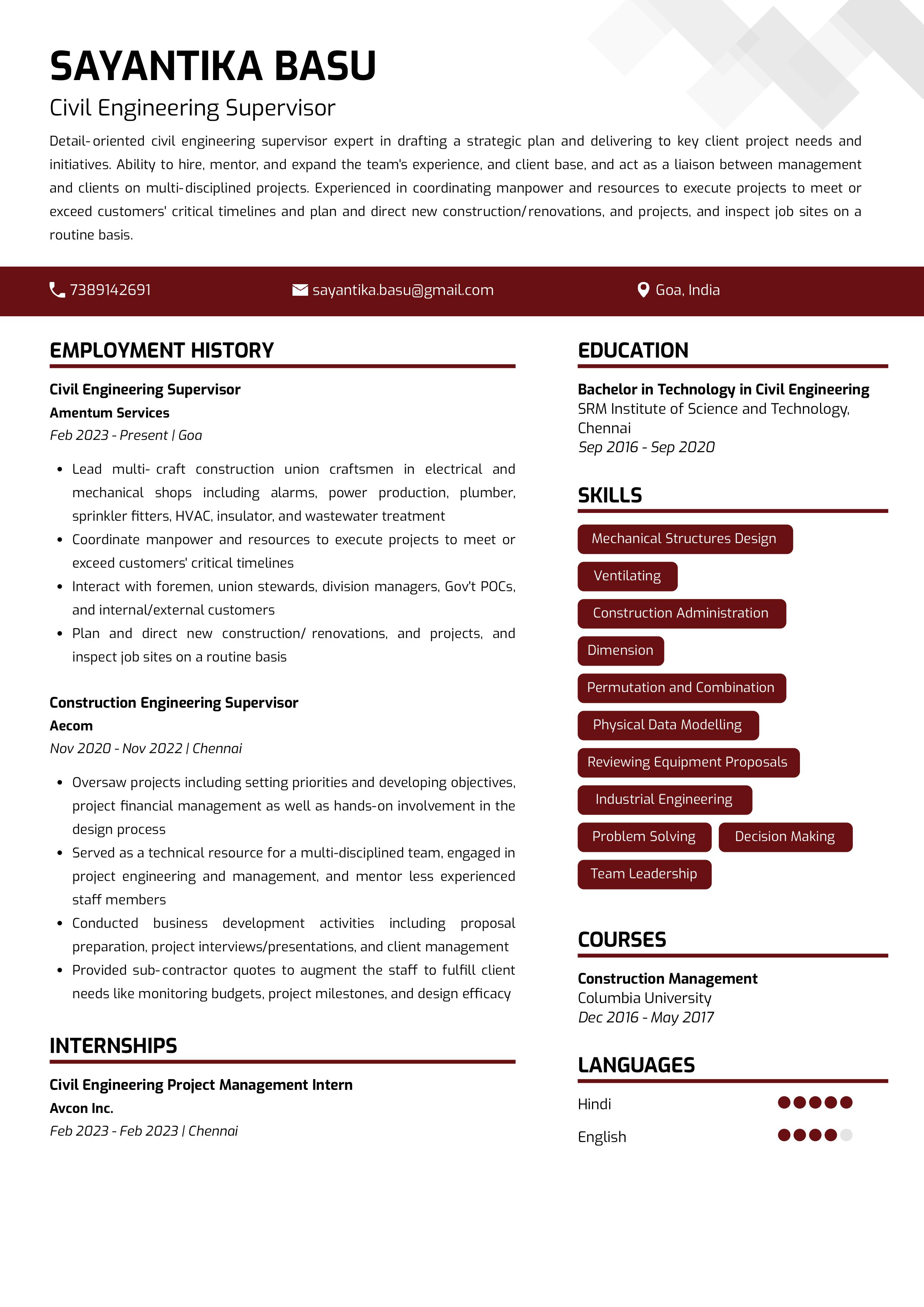 Sample Resume of Civil Engineering Supervisor | Free Resume Templates & Samples on Resumod.co