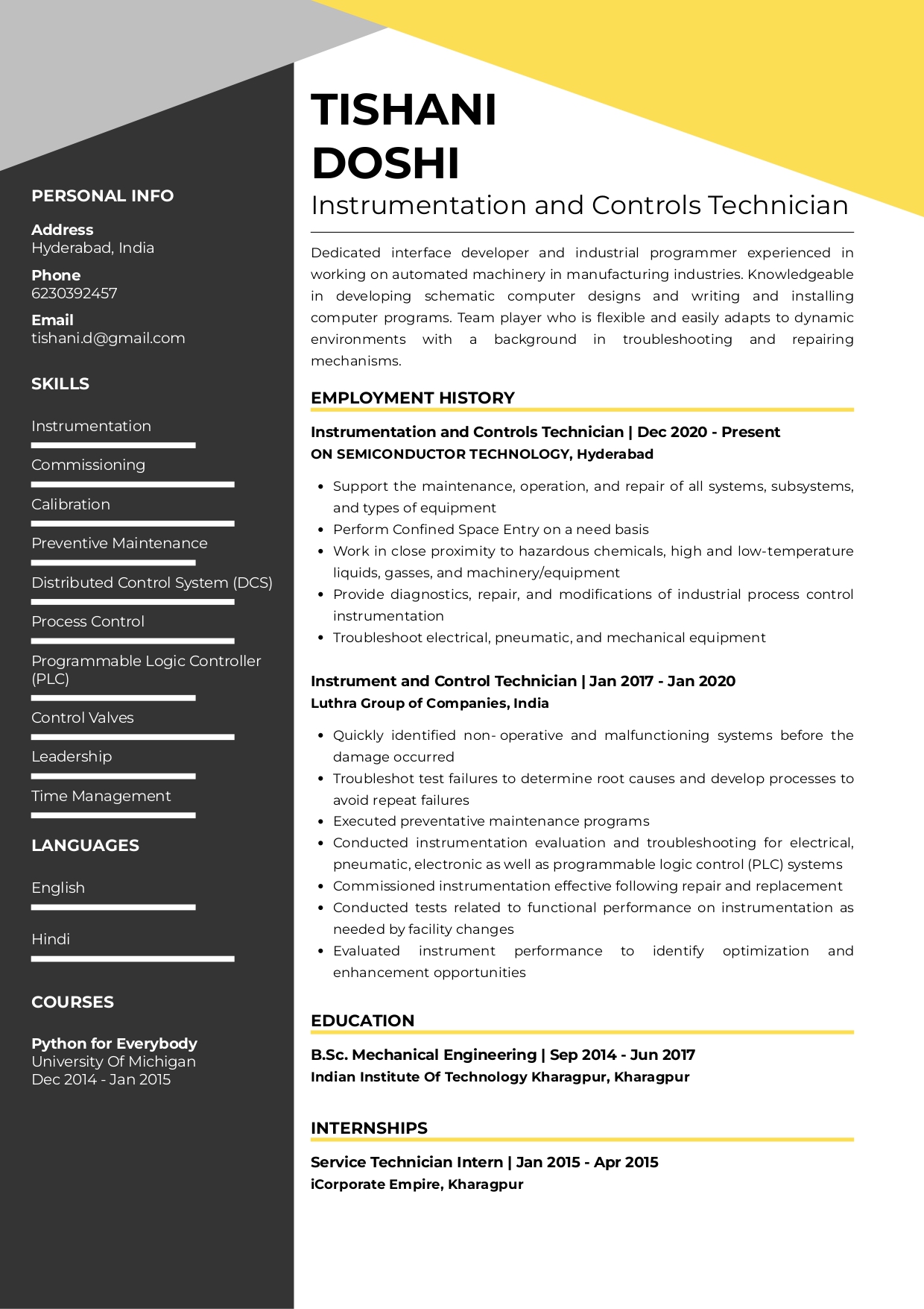 Resume of Instrumentation and Controls Technician