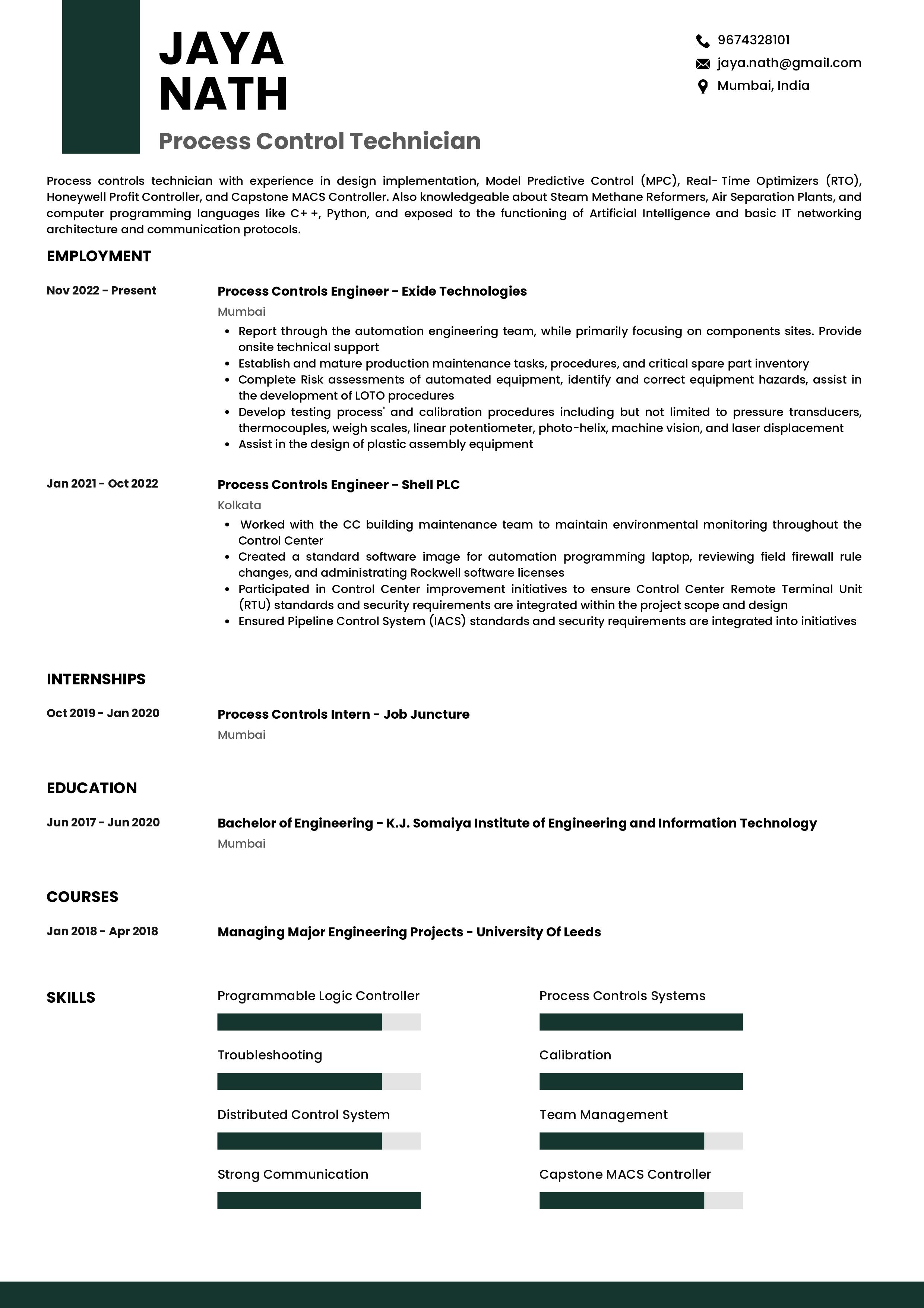 Resume of Process Controls Technician