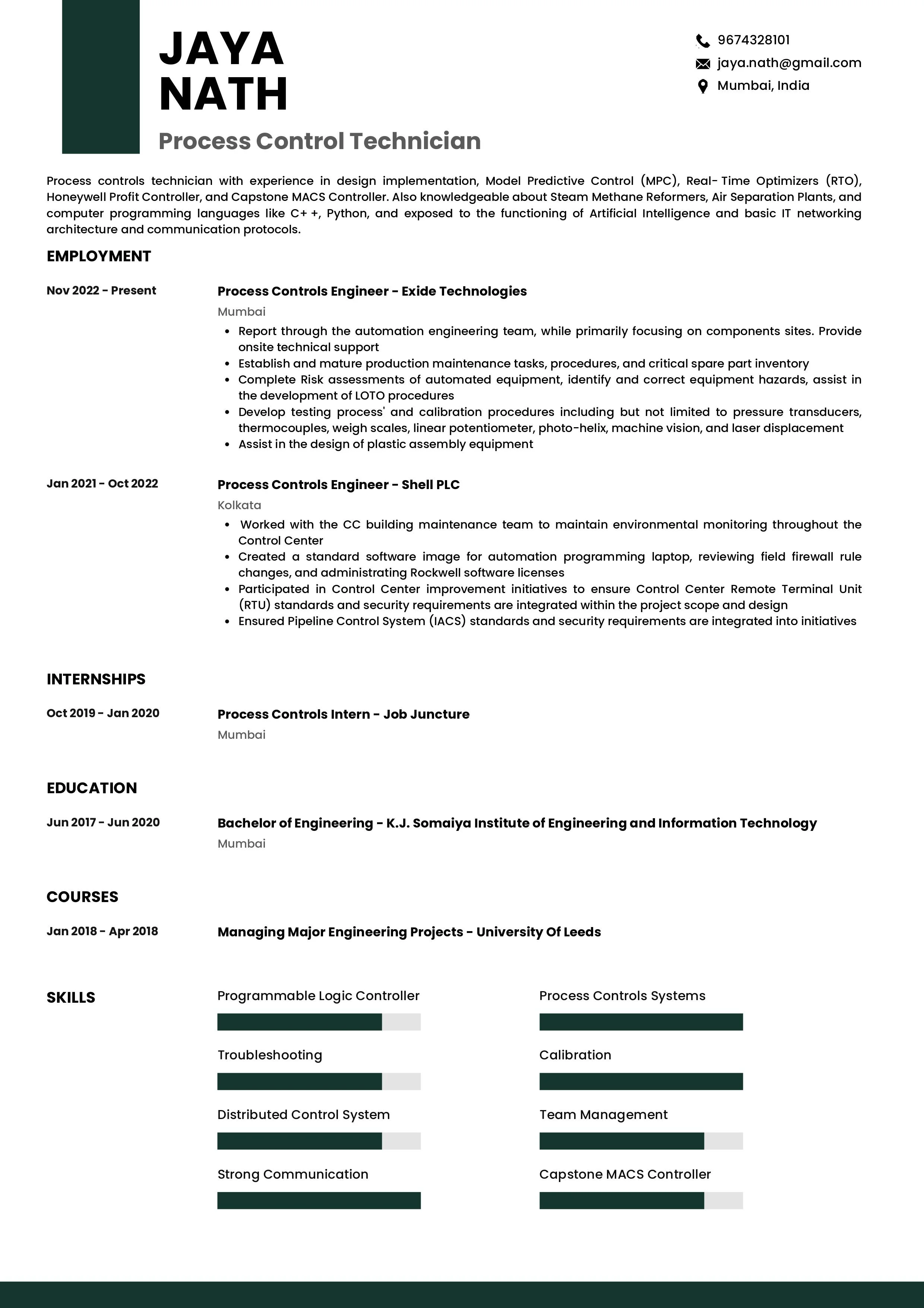 Sample Resume of Process Controls Technician | Free Resume Templates & Samples on Resumod.co