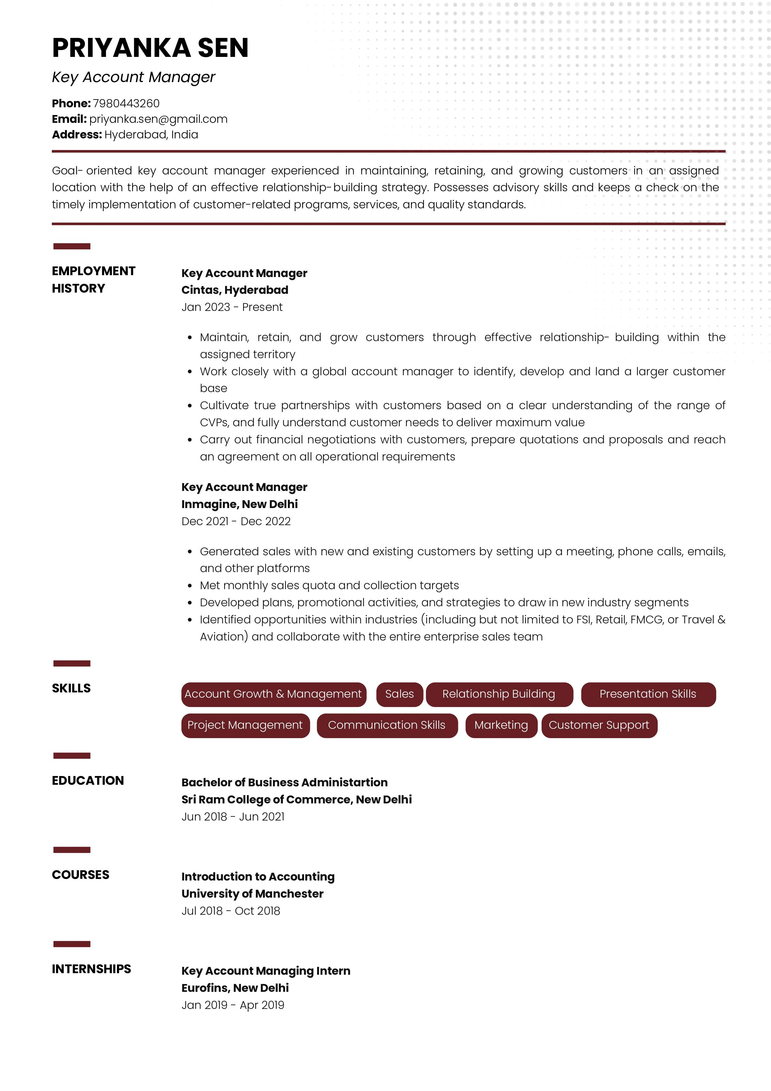 Sample Resume of Key Account Manager | Free Resume Templates & Samples on Resumod.co