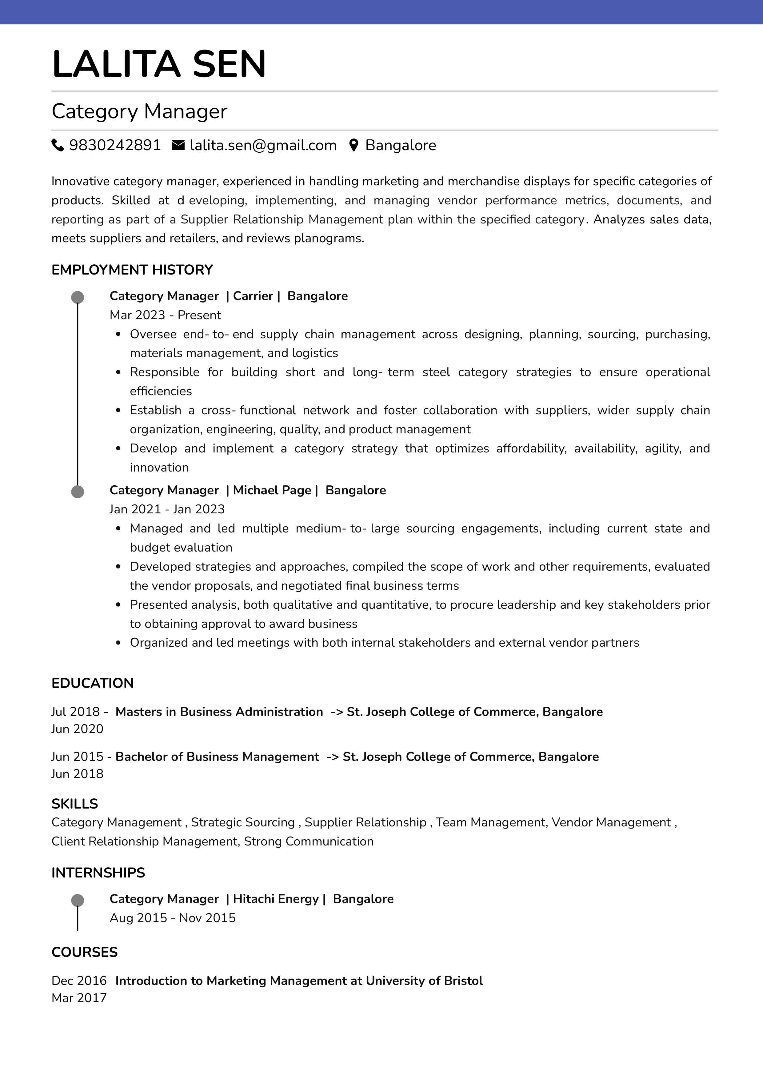 Resume of Category Manager