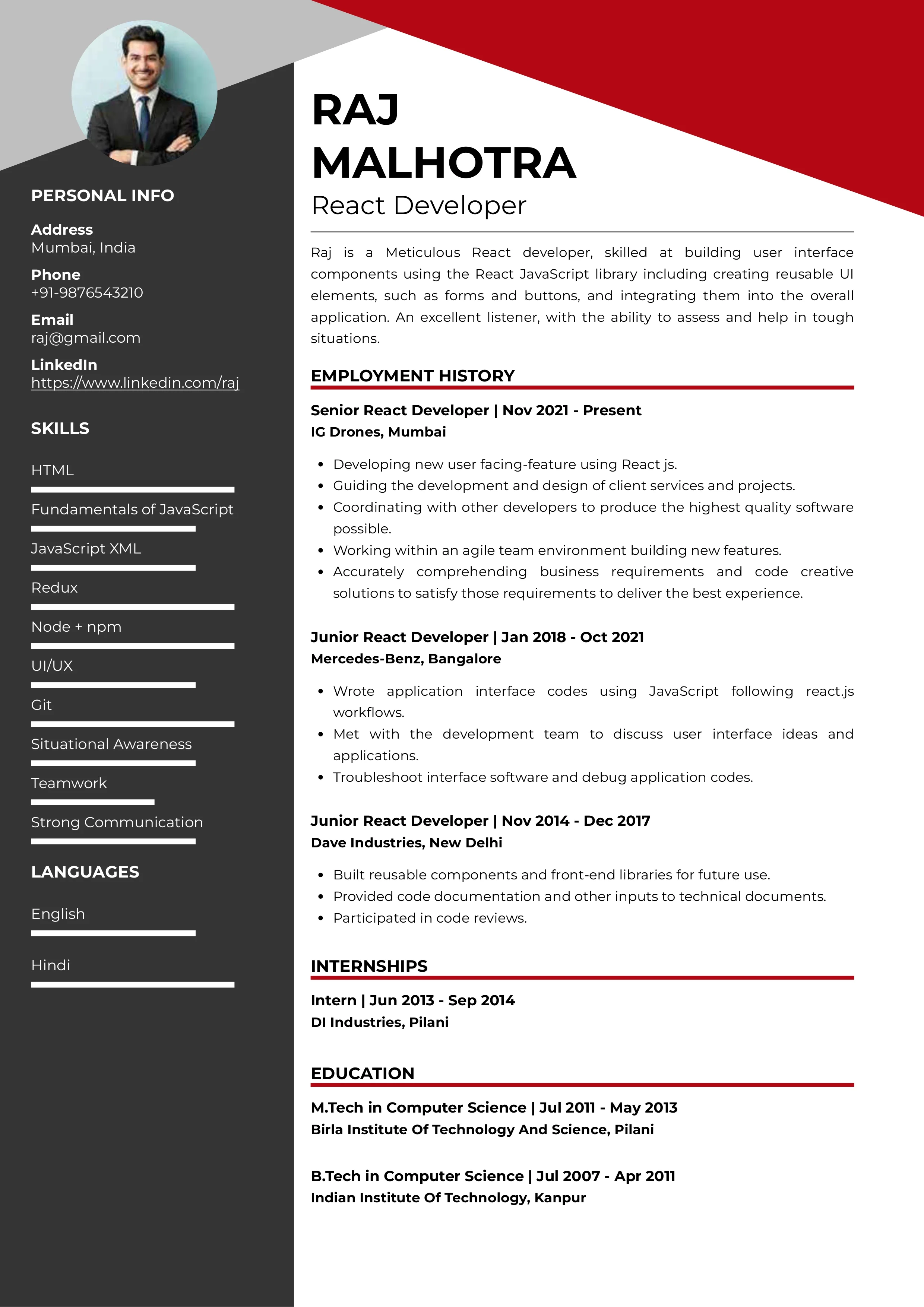 Sample Resume of React Developer | Free Resume Templates & Samples on Resumod.co