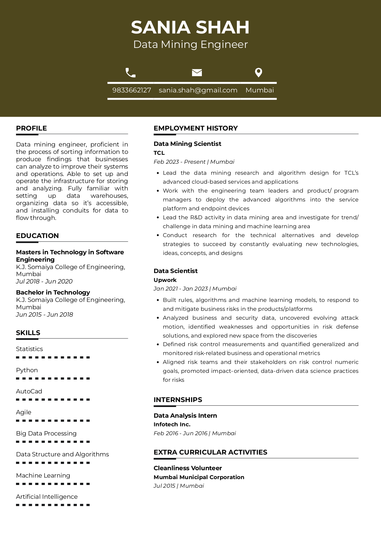 Sample Resume of Data Mining Engineer | Free Resume Templates & Samples on Resumod.co