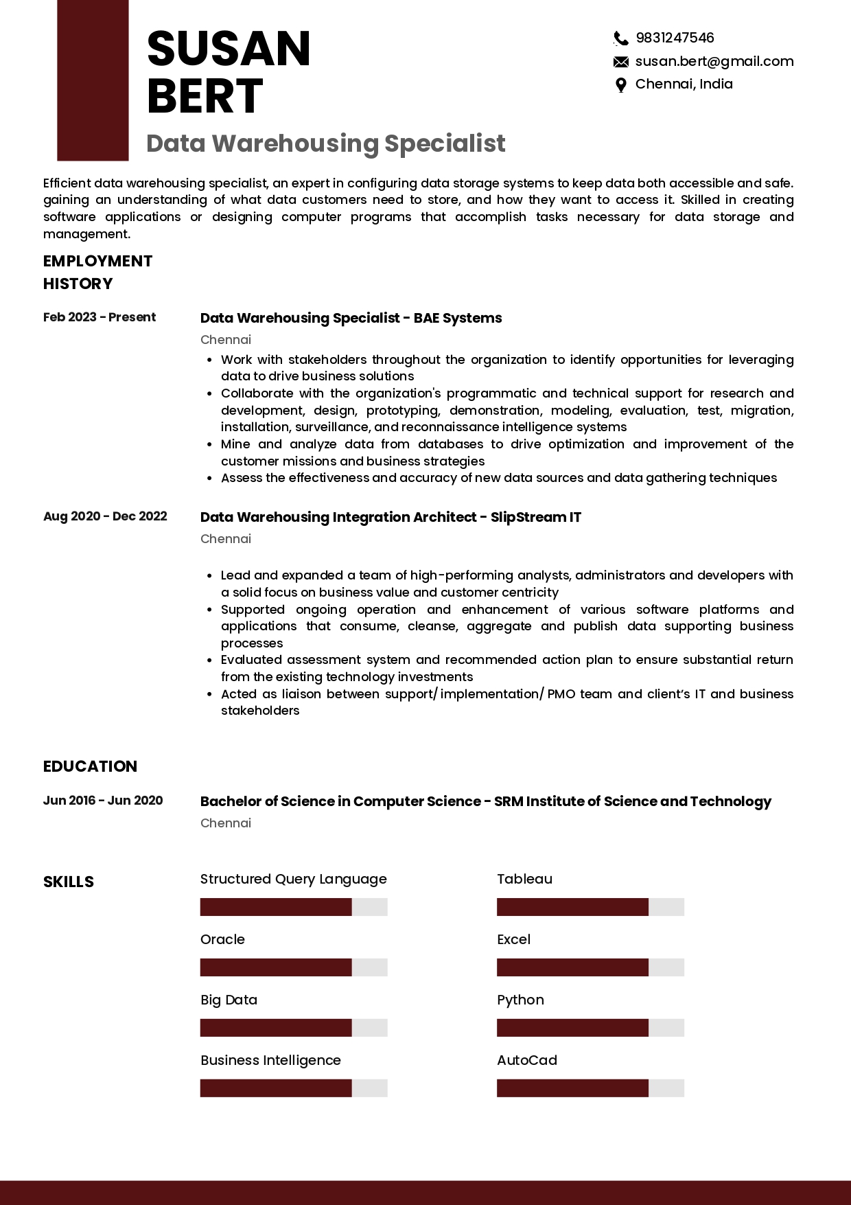 Resume of  Data Warehousing Specialist