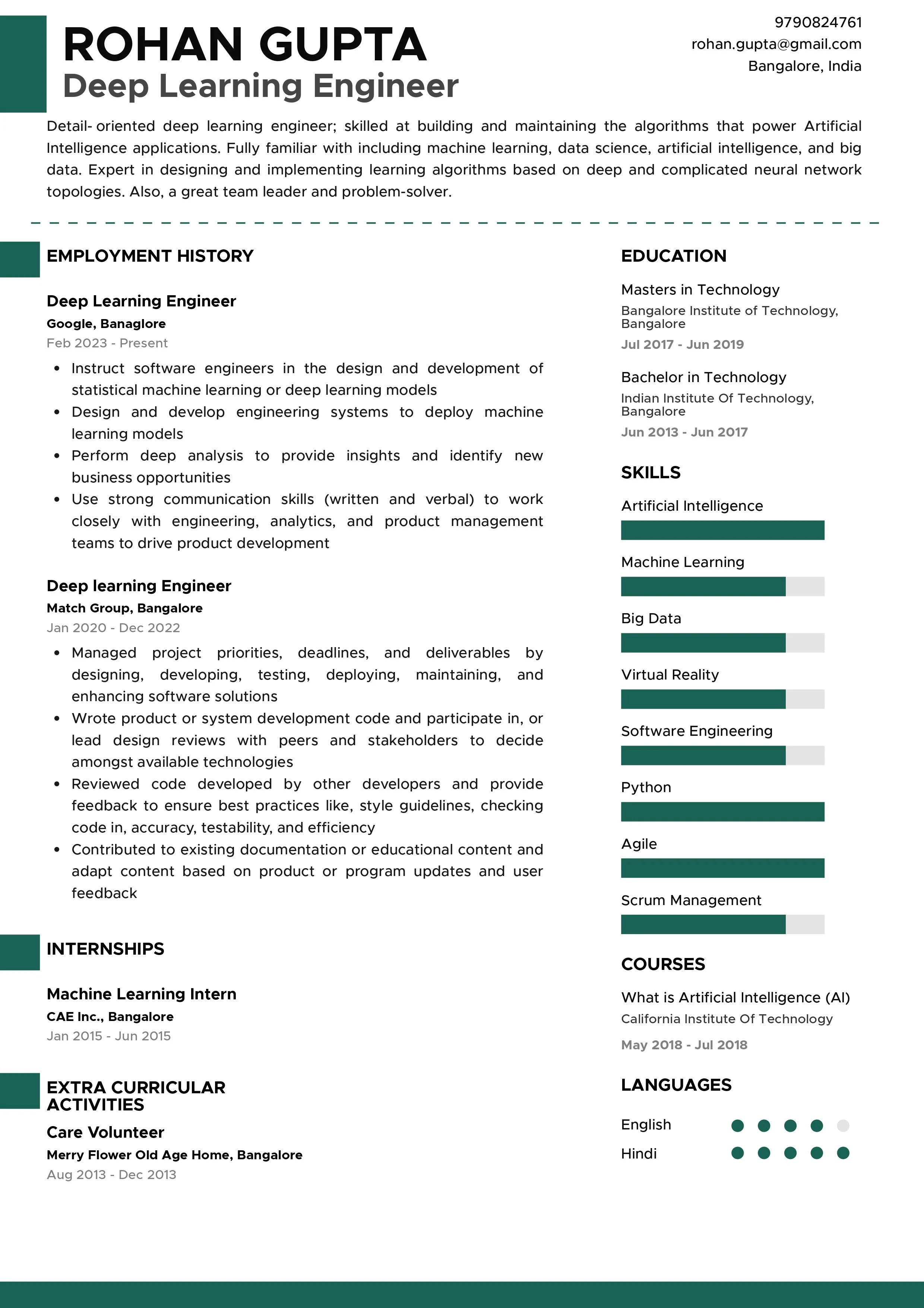Sample Resume of  Deep Learning Engineer | Free Resume Templates & Samples on Resumod.co