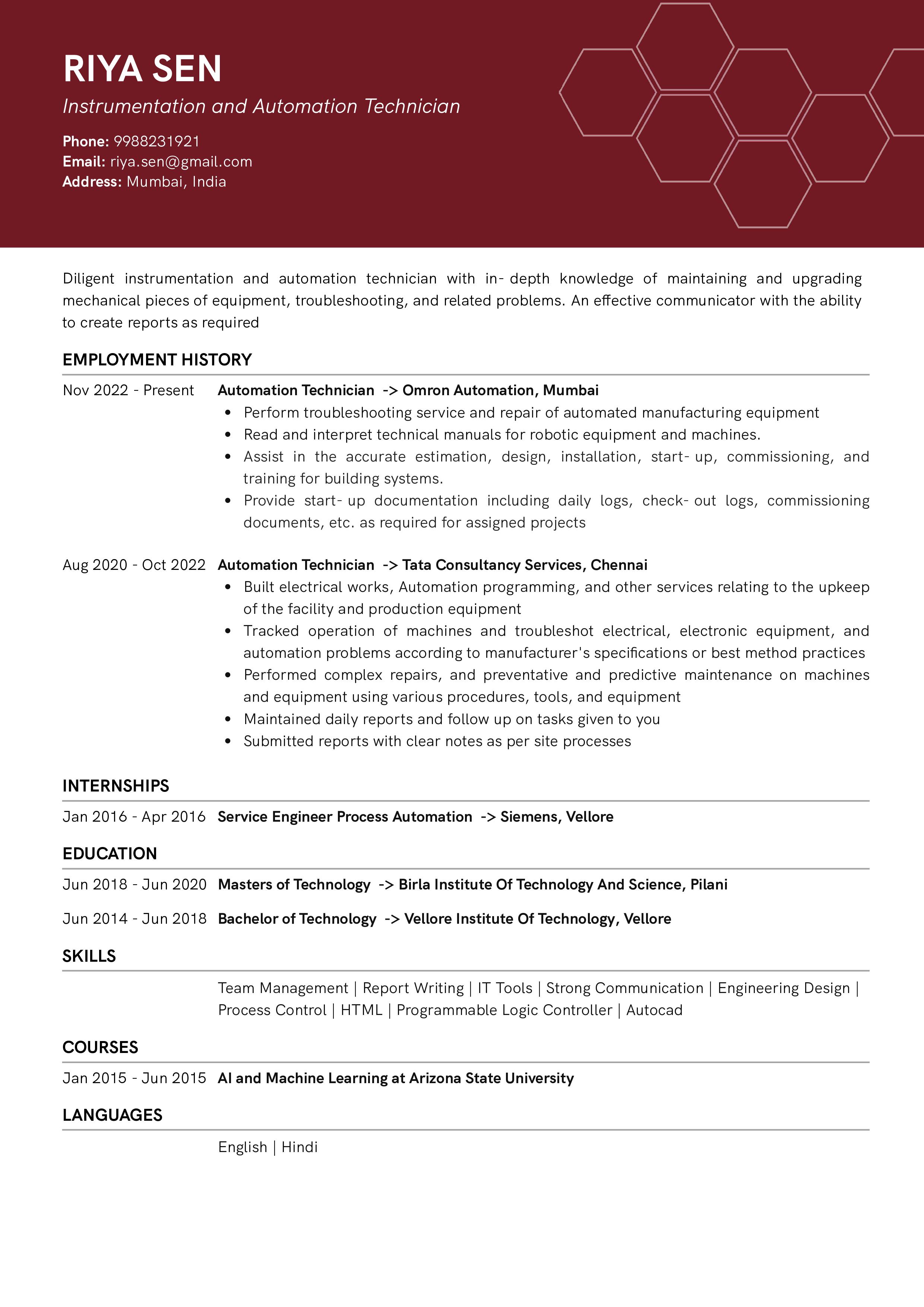 Sample Resume of  Instrumentation and Automation Technician | Free Resume Templates & Samples on Resumod.co