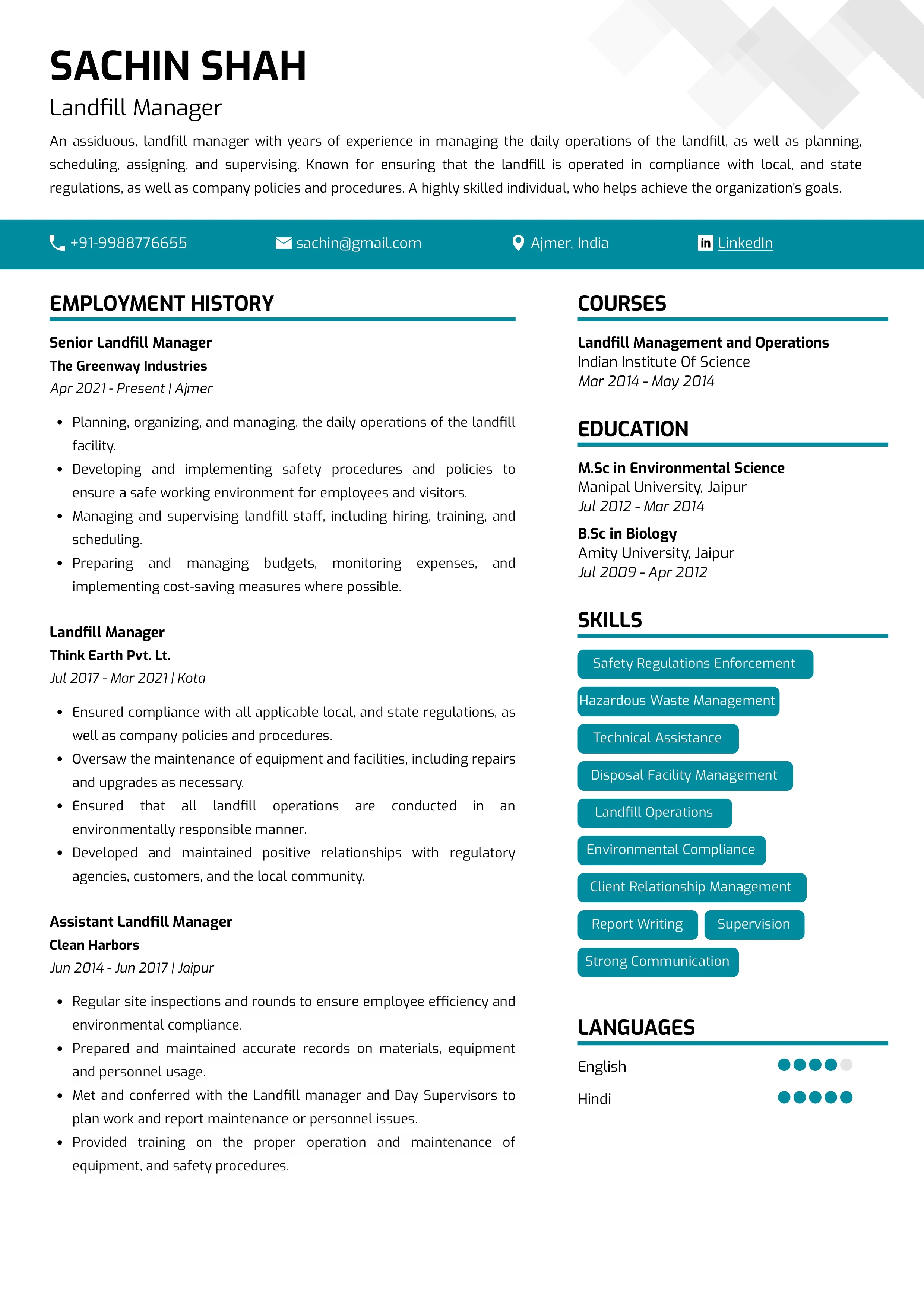 Sample Resume of Landfill Manager | Free Resume Templates & Samples on Resumod.co