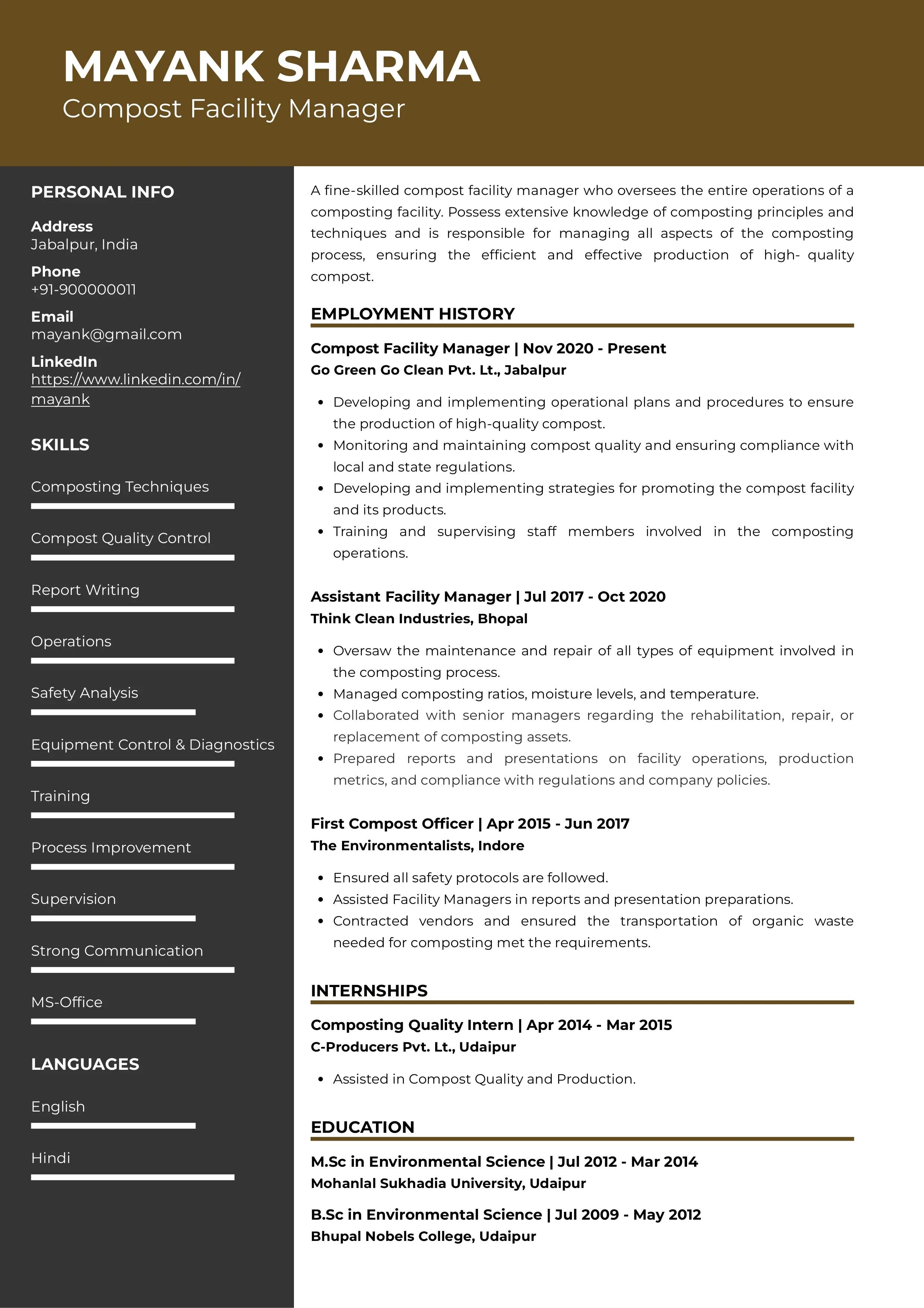 Sample Resume of Composting Facility Manager | Free Resume Templates & Samples on Resumod.co
