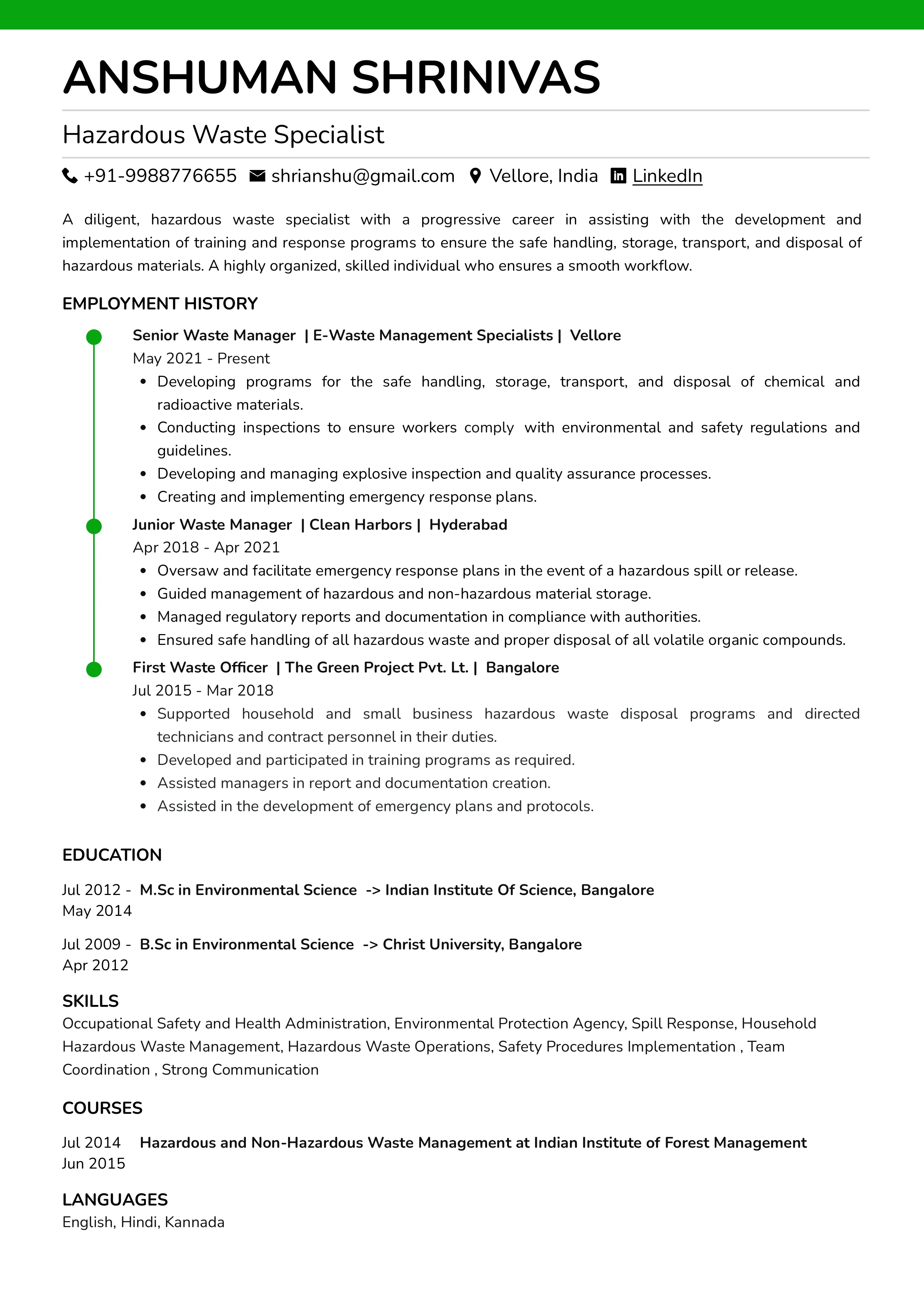 Sample Resume of Hazardous Waste Specialist | Free Resume Templates & Samples on Resumod.co