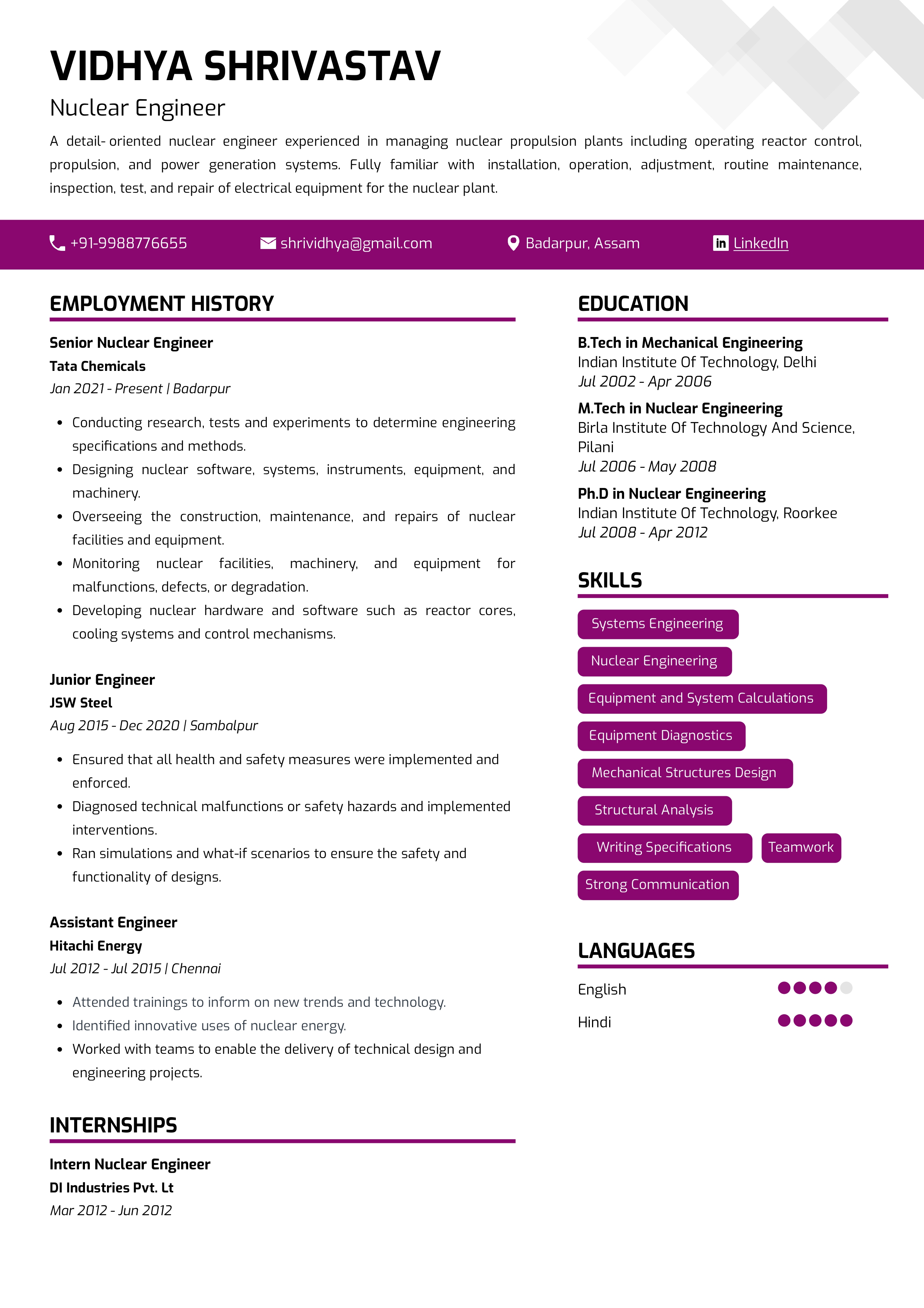 Sample Resume of Nuclear Engineer1 | Free Resume Templates & Samples on Resumod.co