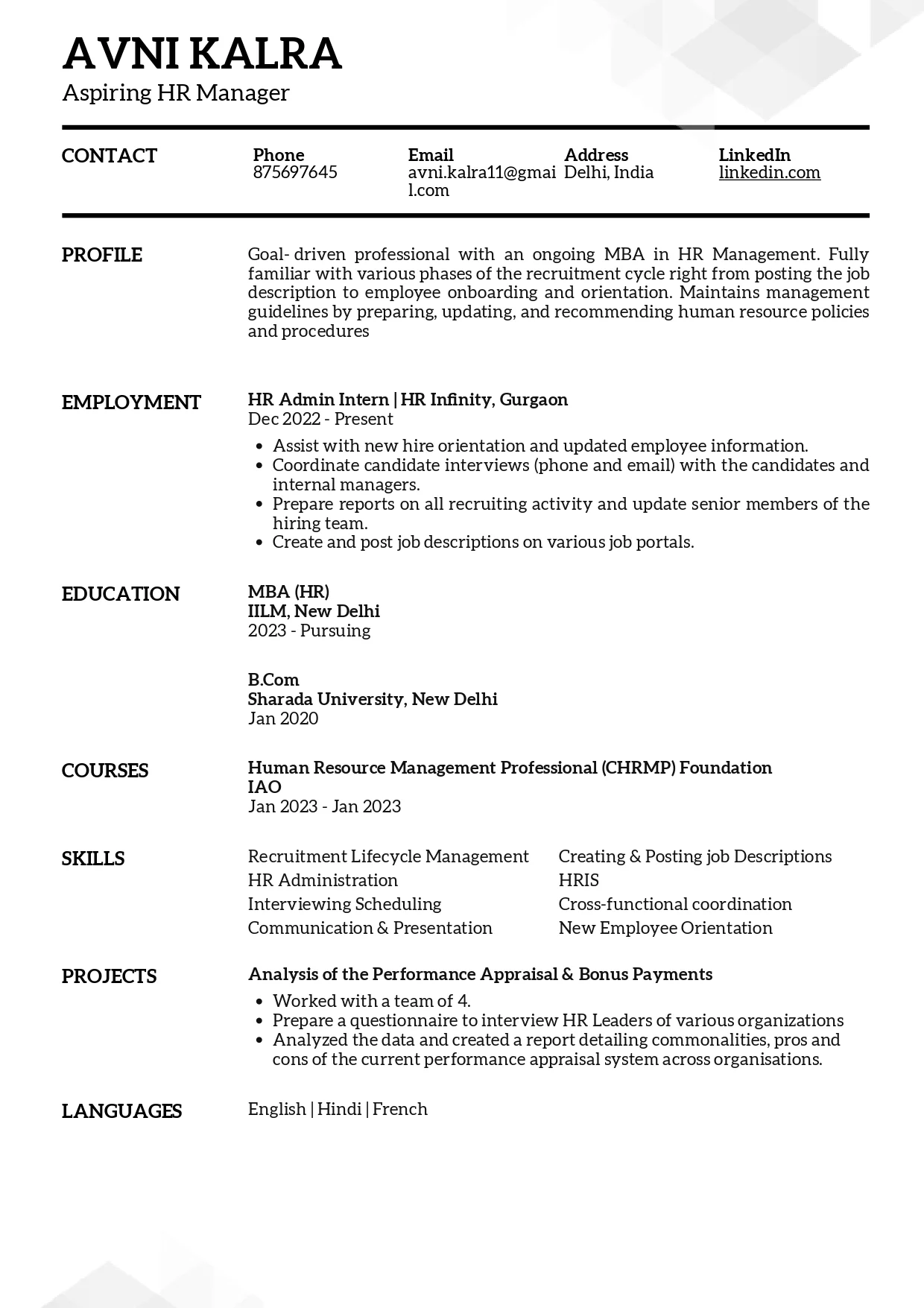 Sample Resume of MBA HR | Free Resume Templates & Samples on Resumod.co