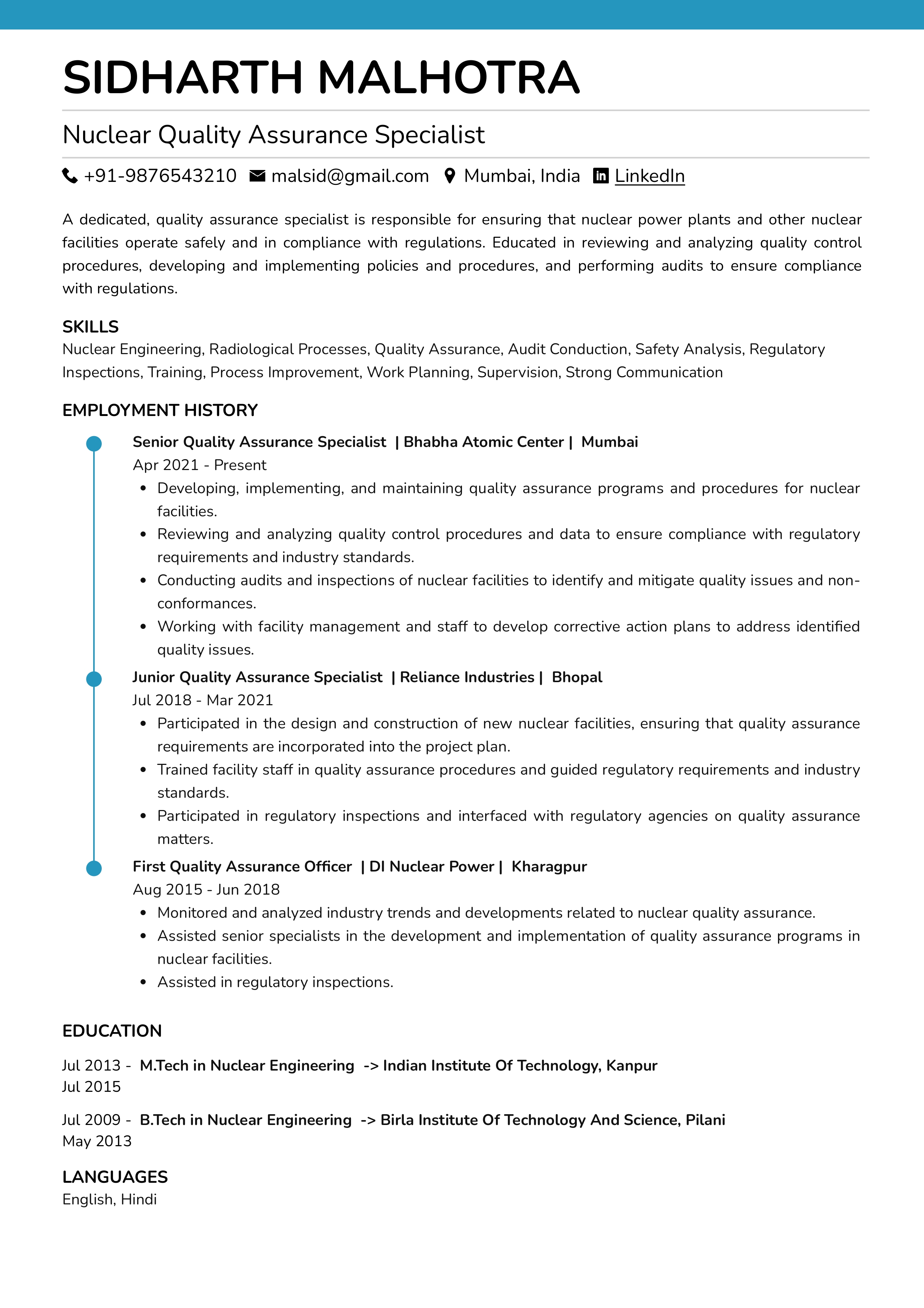 Sample Resume of Nuclear Quality Assurance Specialist | Free Resume Templates & Samples on Resumod.co