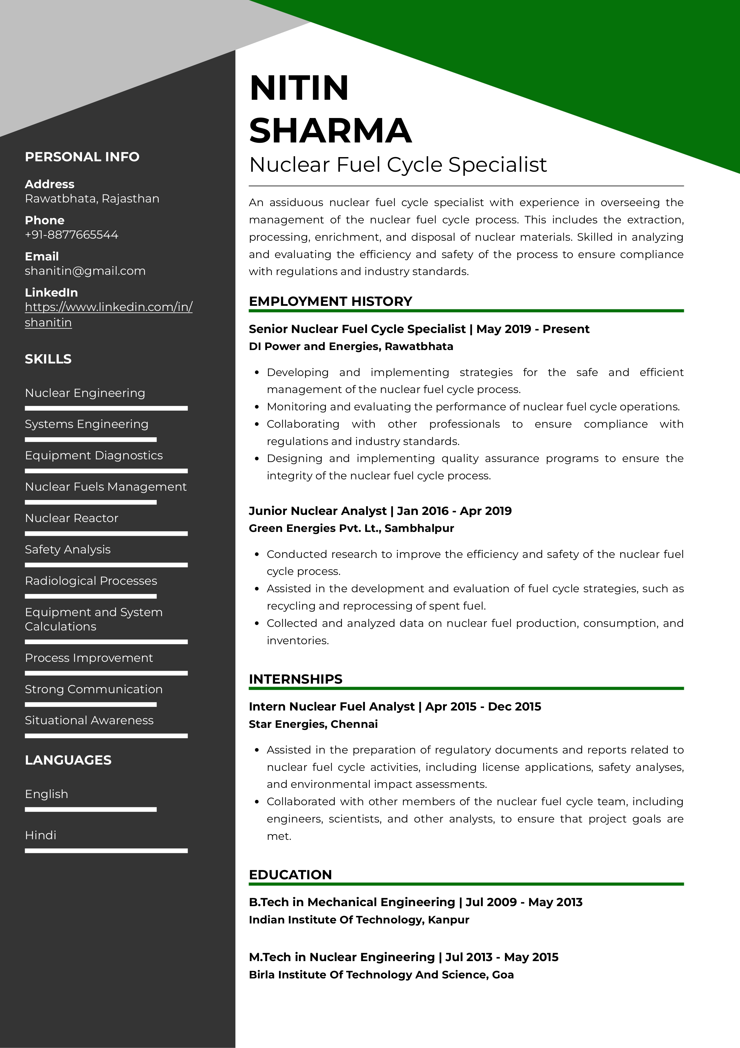Resume of Nuclear Fuel Cycle Specialist