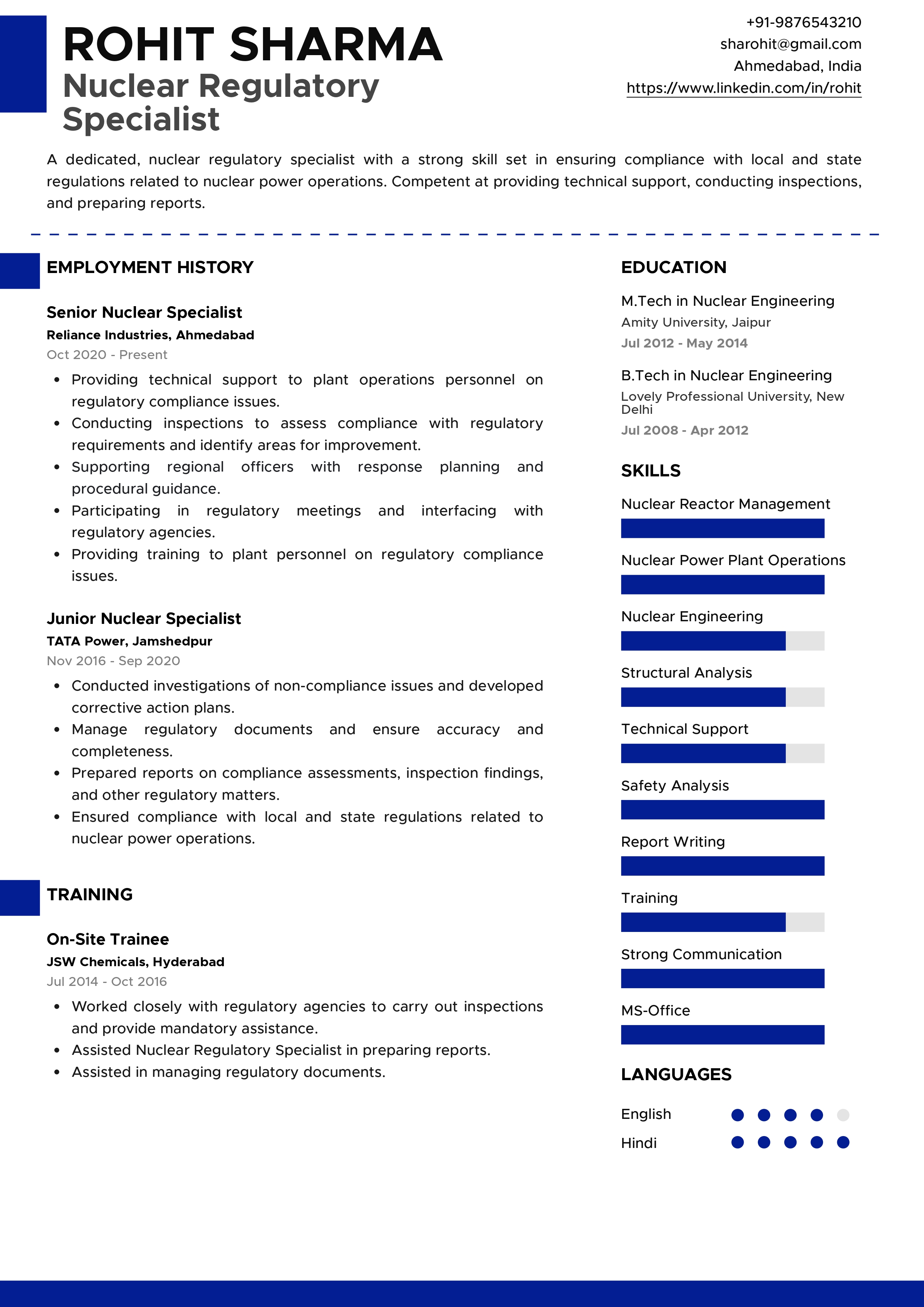 Resume of  Nuclear Regulatory Specialist