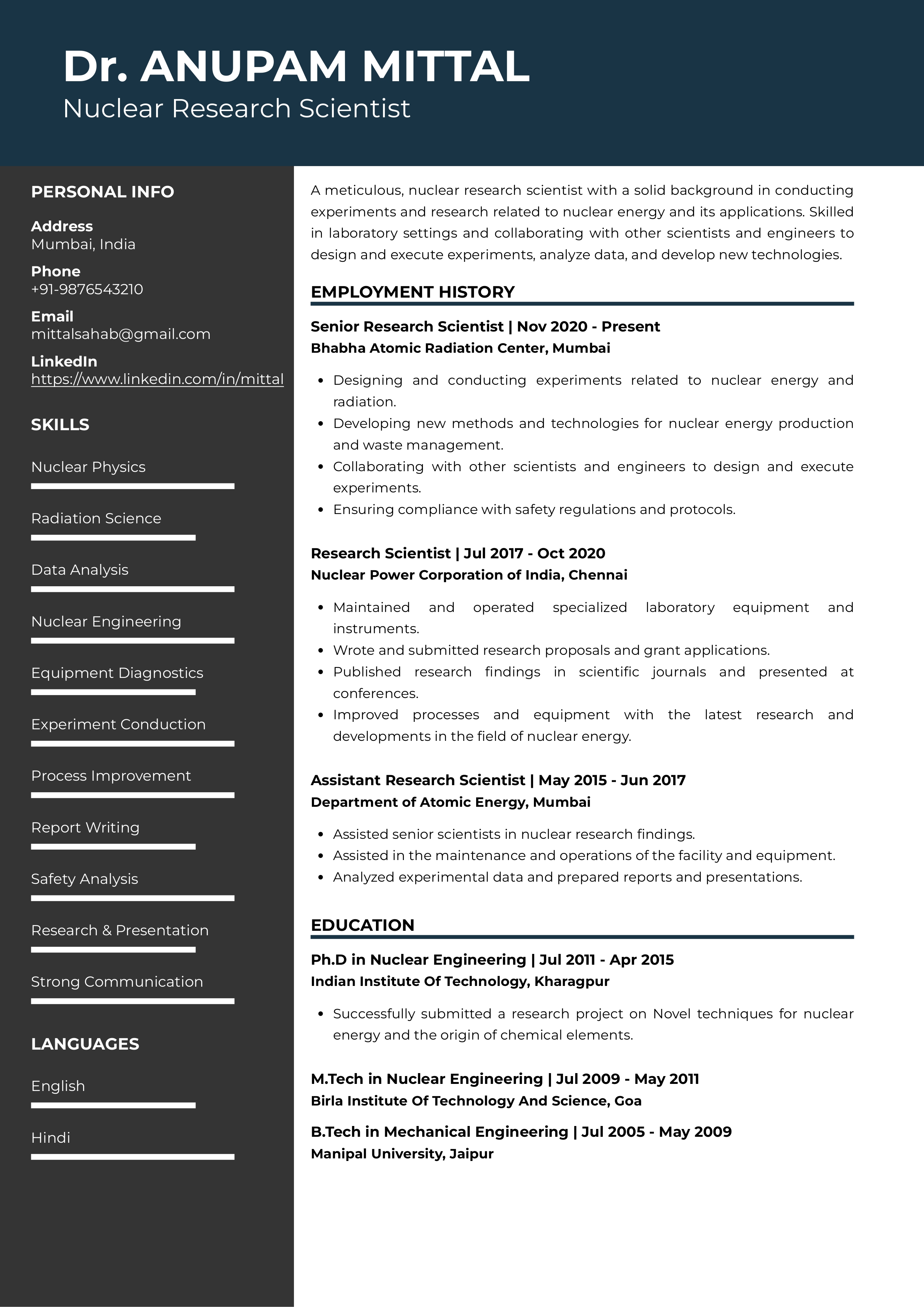 Sample Resume of Nuclear Research Scientist | Free Resume Templates & Samples on Resumod.co