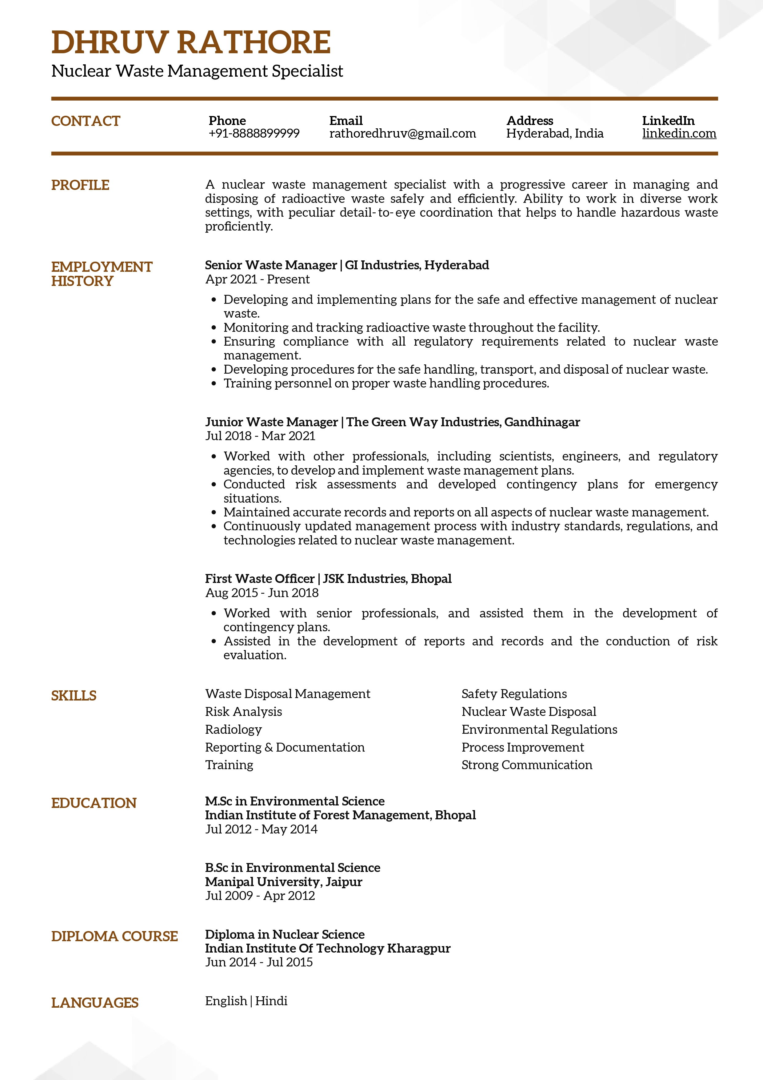 Resume of  Nuclear Waste Management Specialist