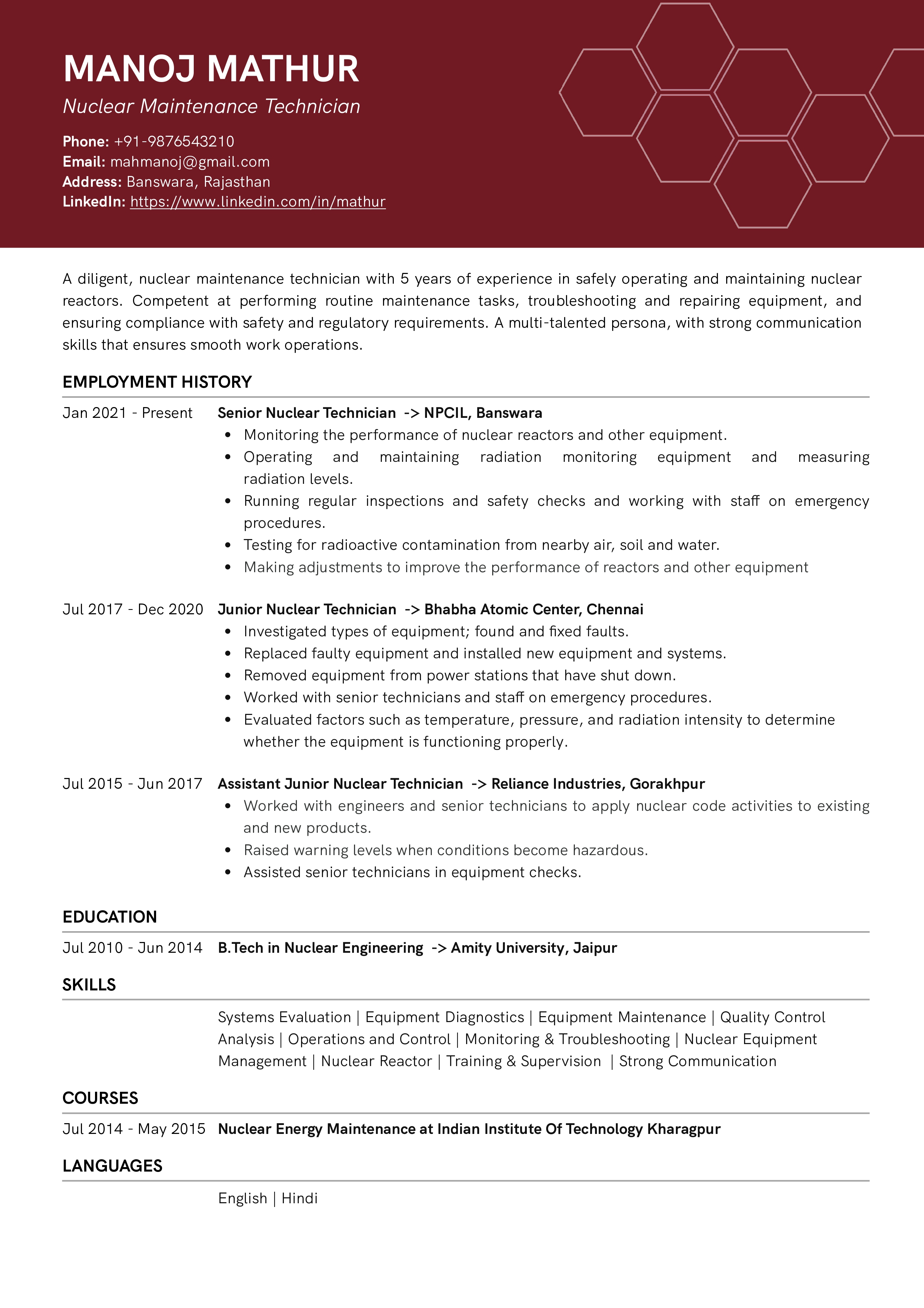 Sample Resume of Nuclear Maintenance Technician | Free Resume Templates & Samples on Resumod.co
