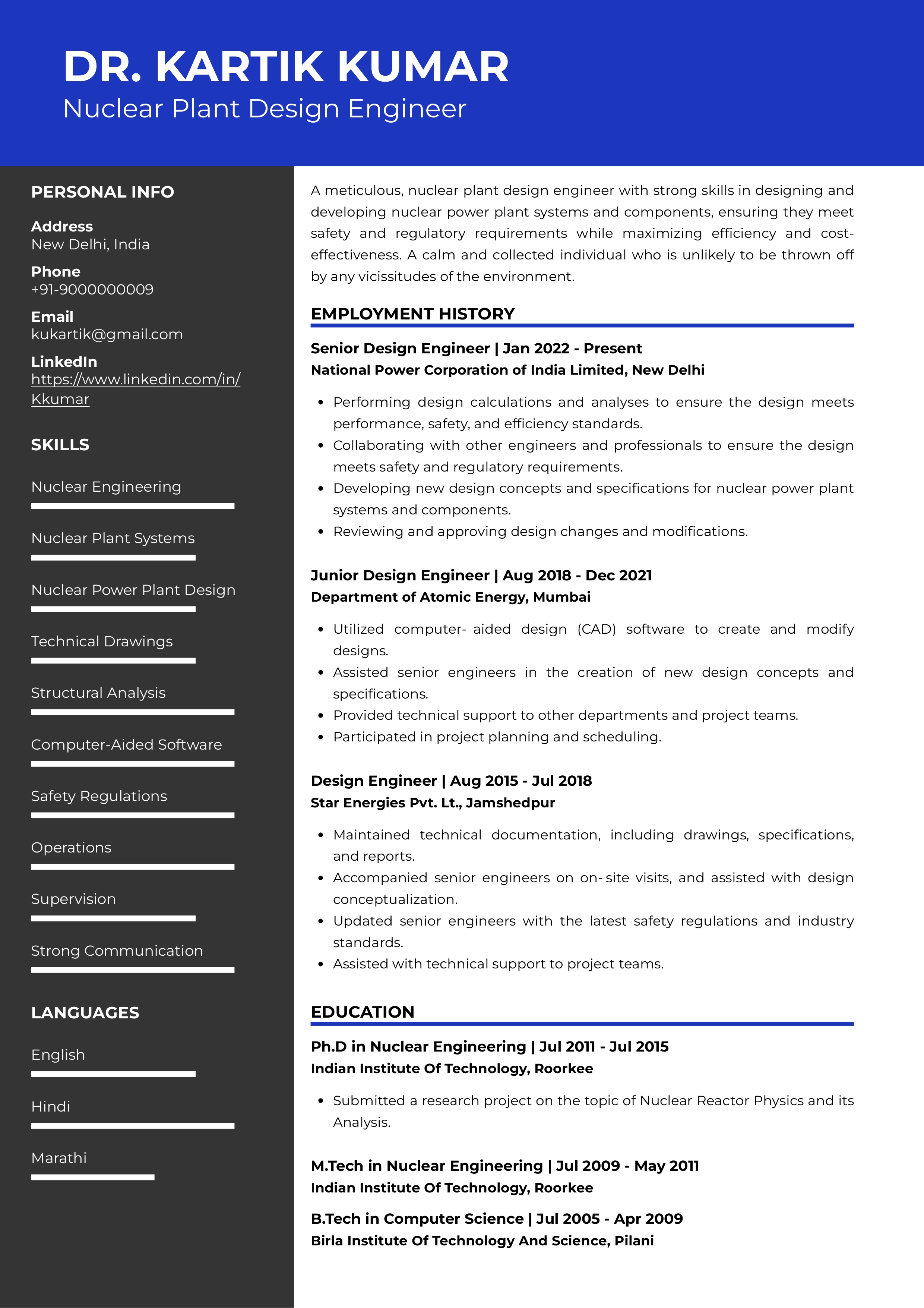 Sample Resume of Nuclear Plant Design Engineer | Free Resume Templates & Samples on Resumod.co