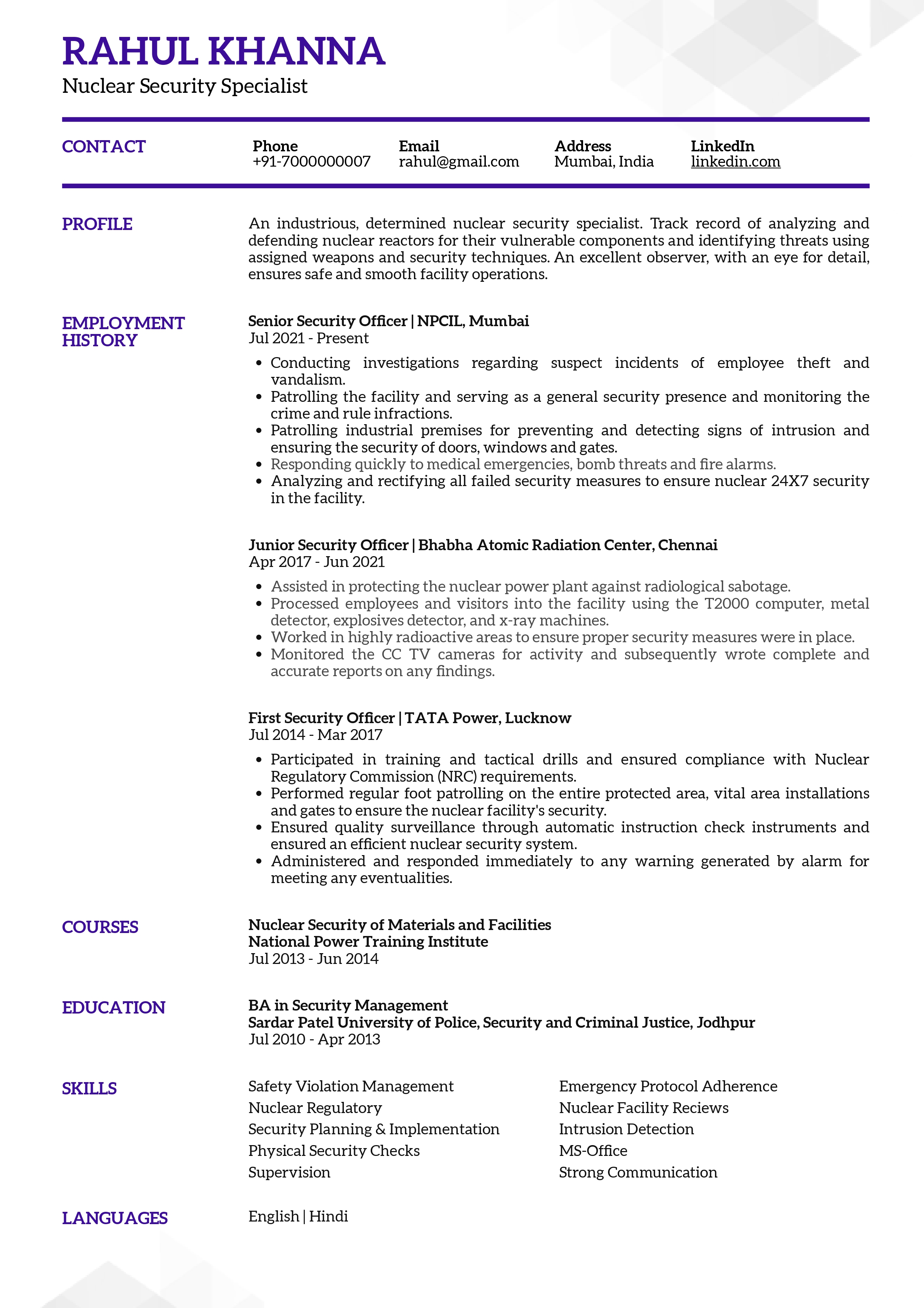 Sample Resume of Nuclear Security Specialist | Free Resume Templates & Samples on Resumod.co