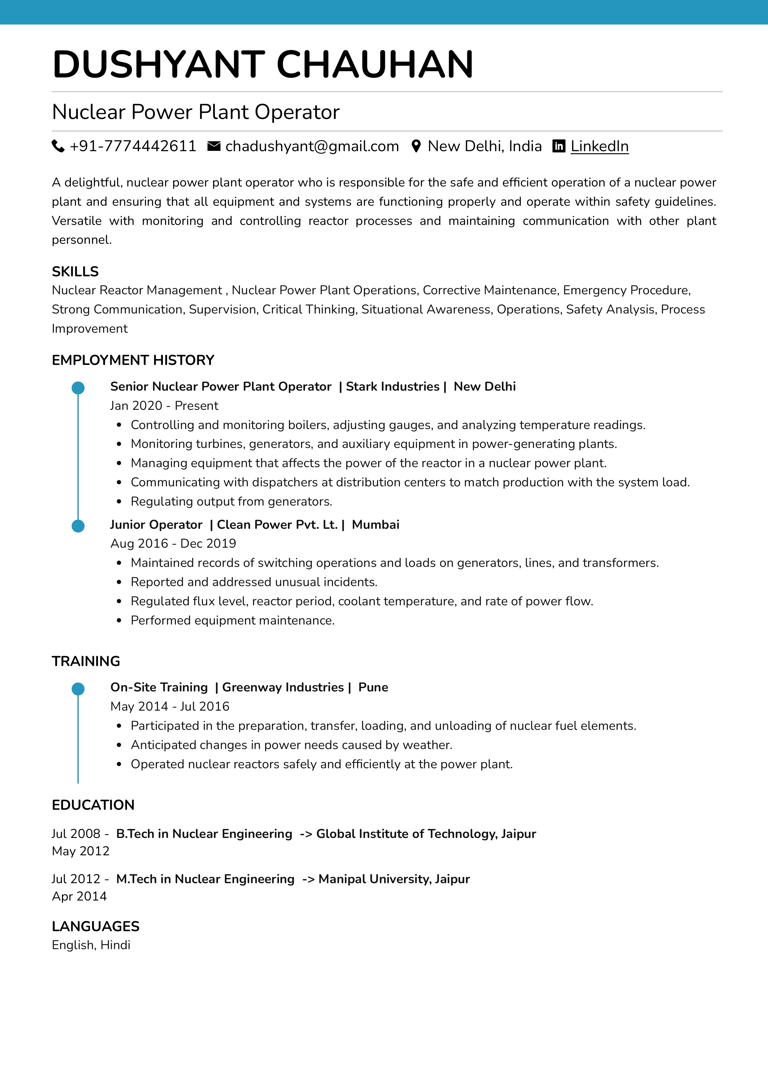 Sample Resume of Nuclear Power Plant Operator | Free Resume Templates & Samples on Resumod.co
