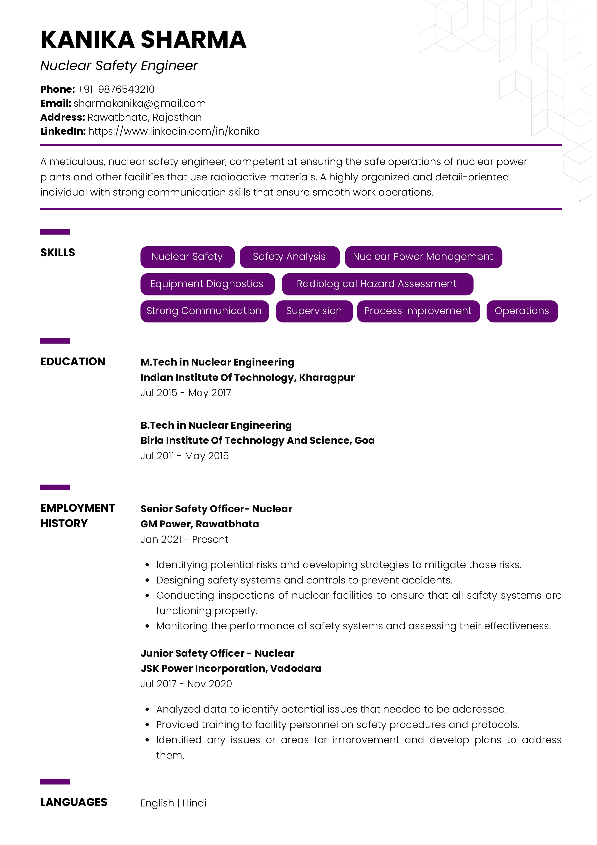 Sample Resume of  Nuclear Safety Engineer | Free Resume Templates & Samples on Resumod.co