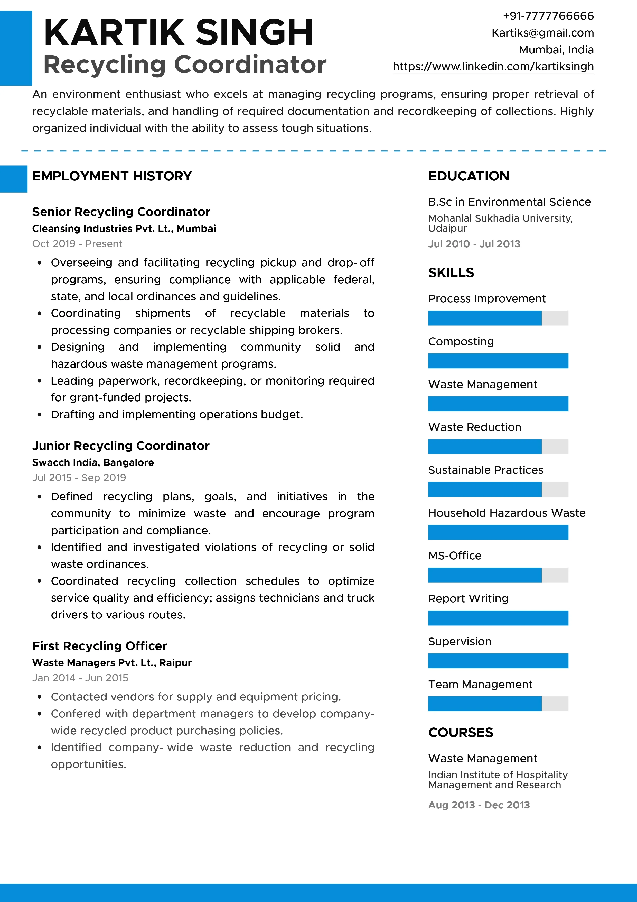 Sample Resume of Recycling Coordinator | Free Resume Templates & Samples on Resumod.co