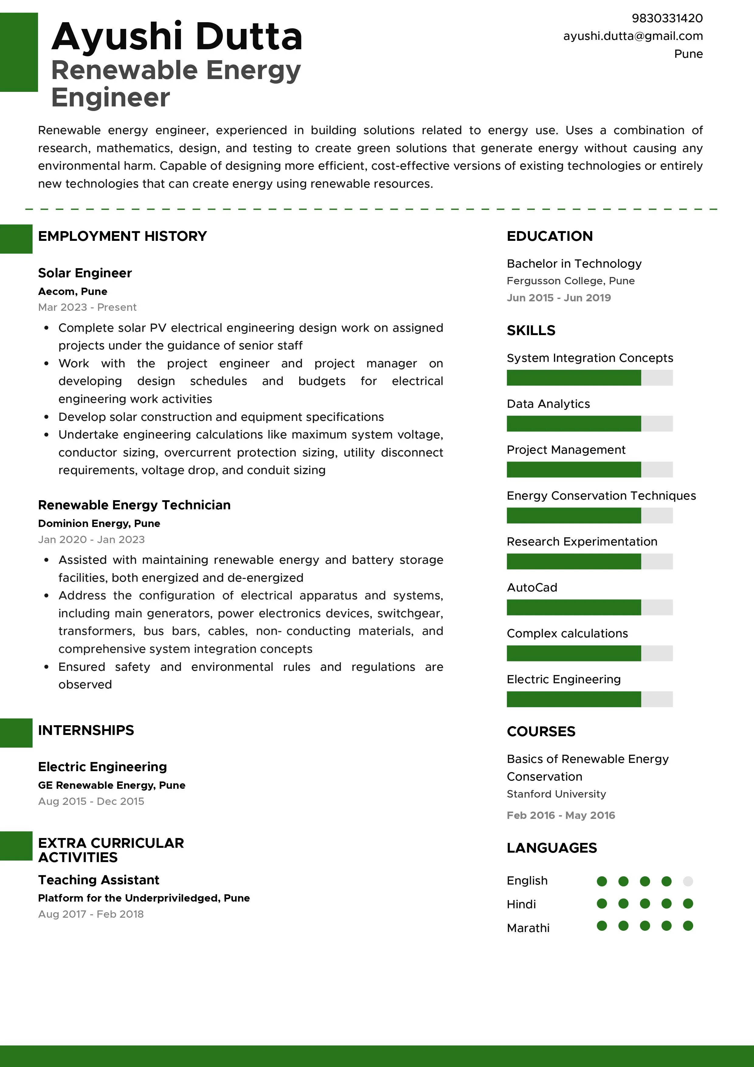 Sample Resume of Renewable Energy Engineer | Free Resume Templates & Samples on Resumod.co