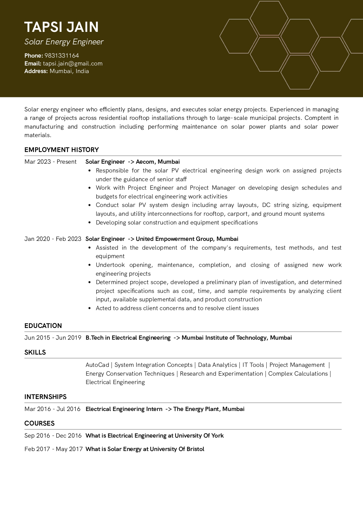 Sample Resume of Solar Energy Engineer | Free Resume Templates & Samples on Resumod.co