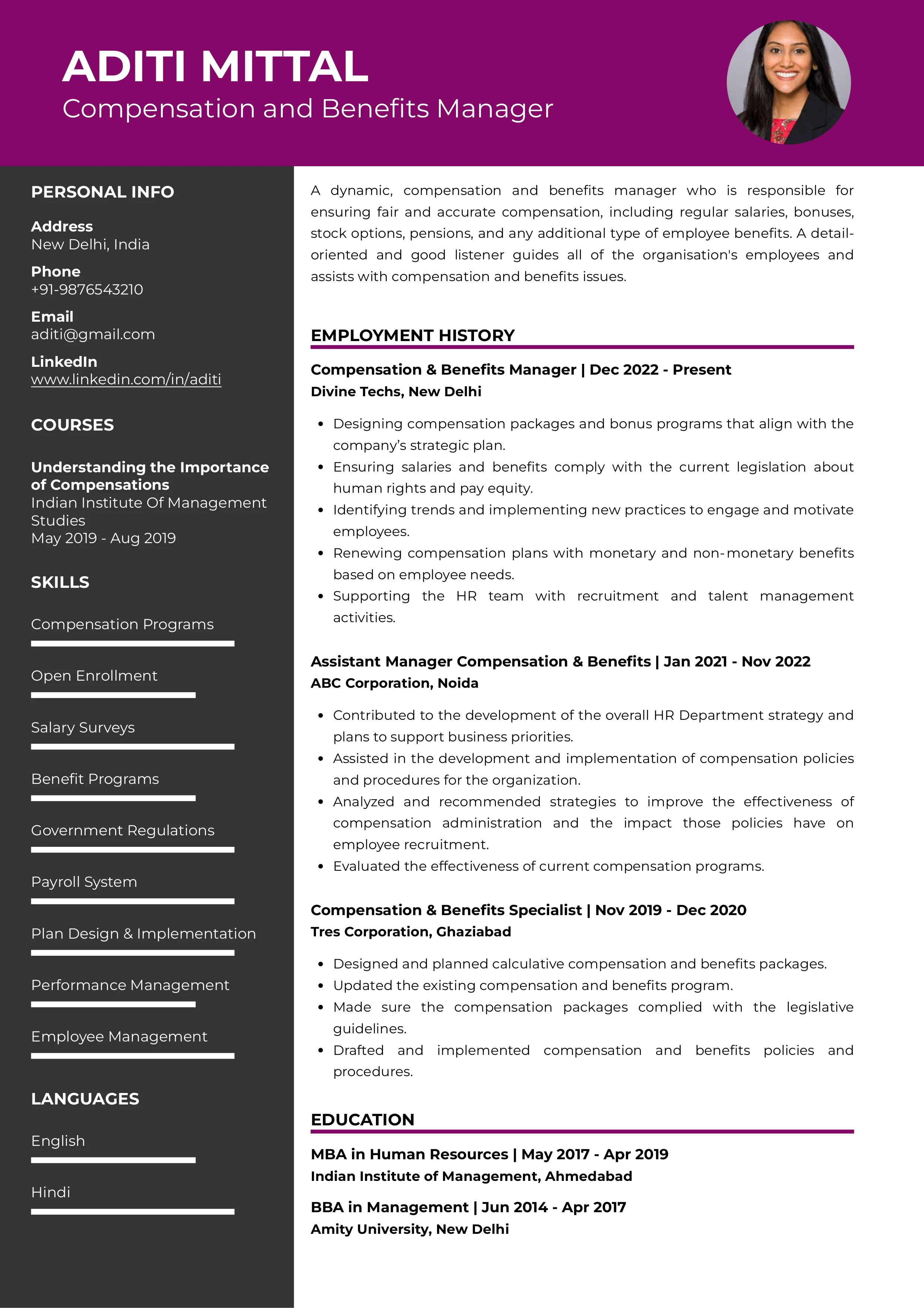 Sample Resume of Compensation and Benefits Manager | Free Resume Templates & Samples on Resumod.co