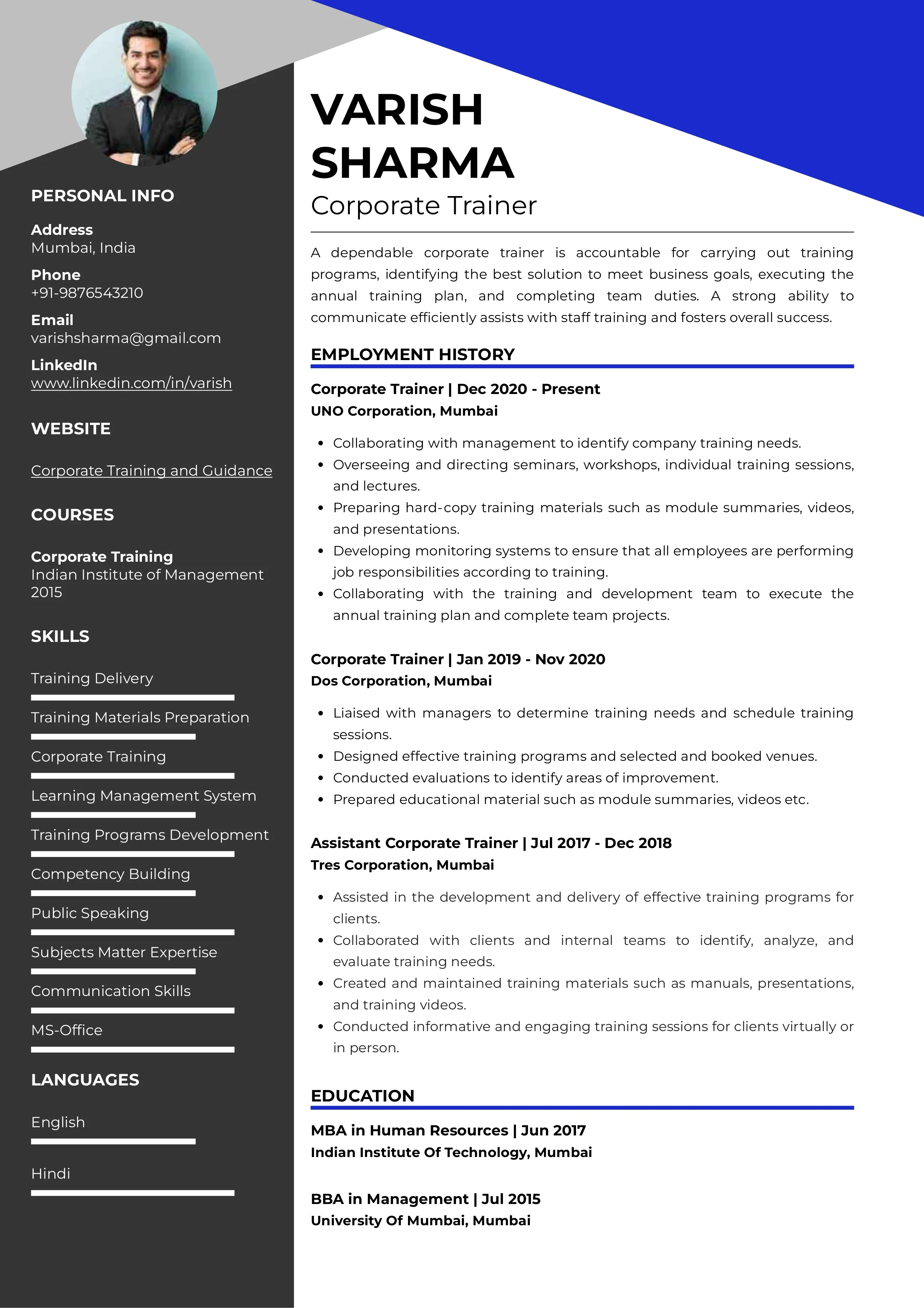 Sample Resume of Corporate Trainer | Free Resume Templates & Samples on Resumod.co