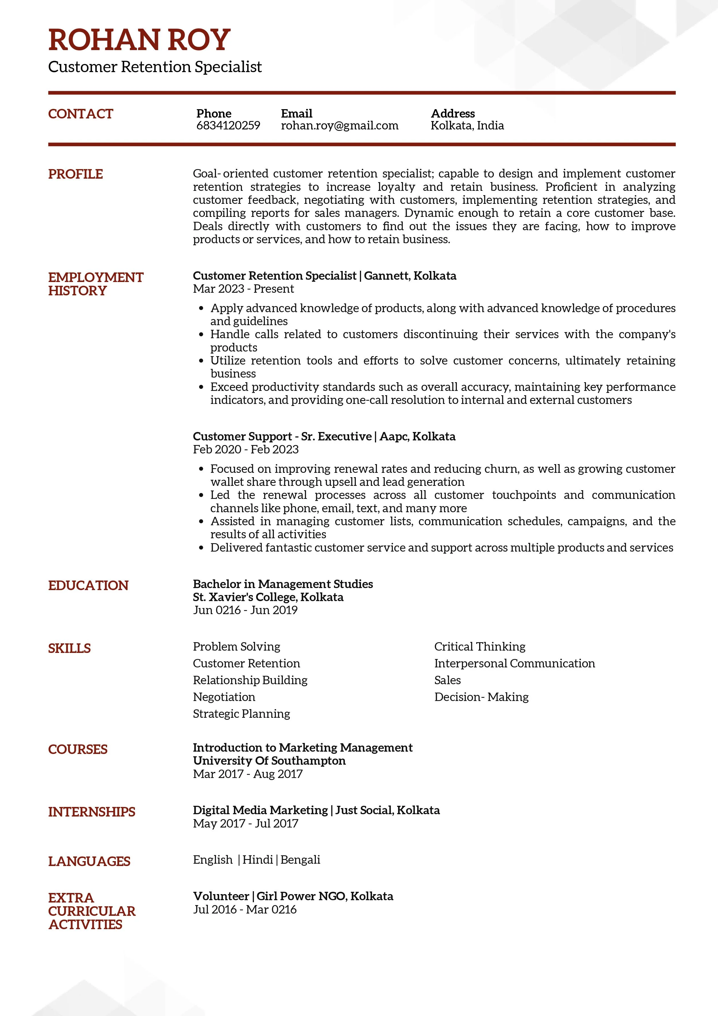 Sample Resume of Customer Retention Specialist | Free Resume Templates & Samples on Resumod.co