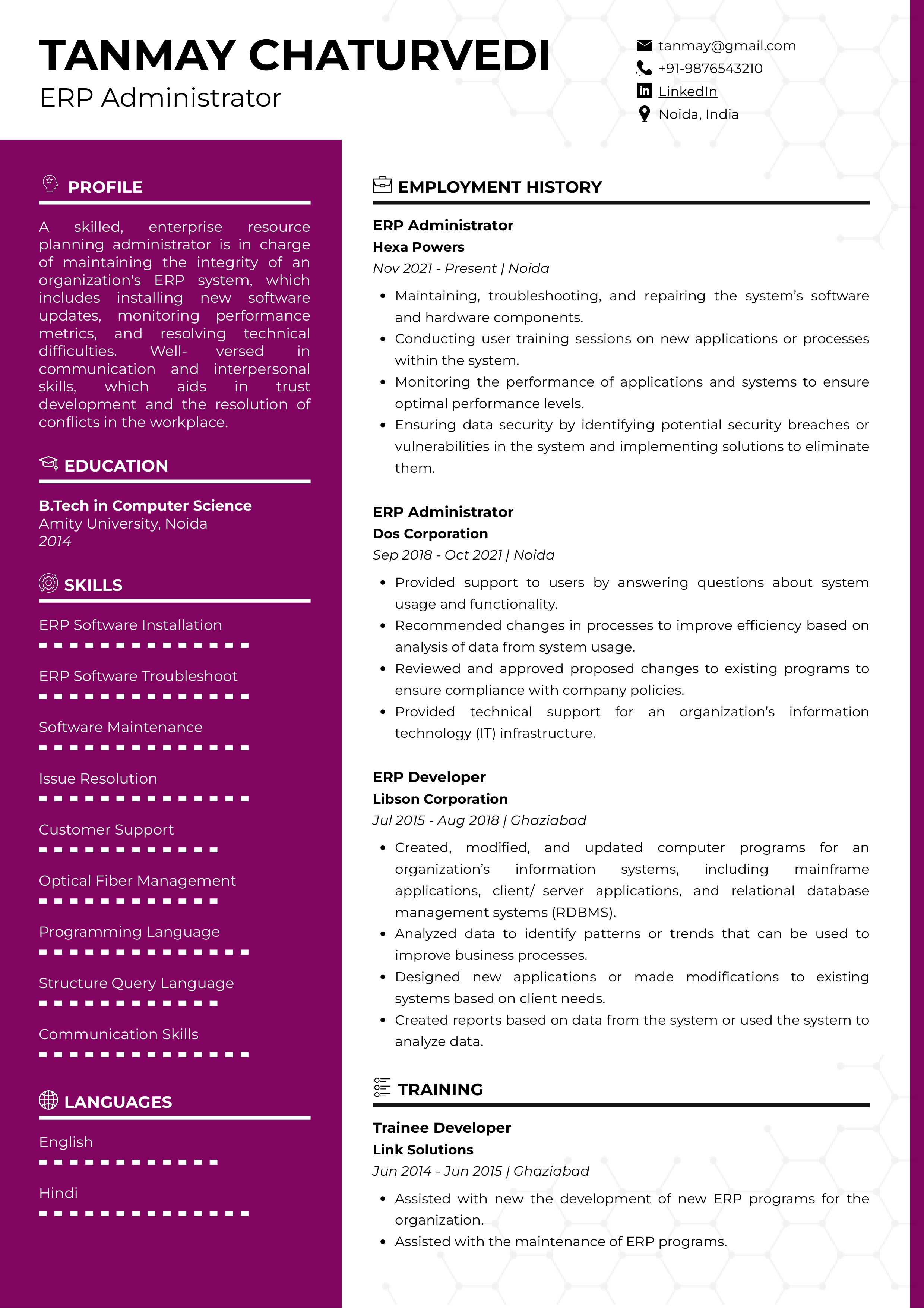 Sample Resume of ERP Administrator | Free Resume Templates & Samples on Resumod.co