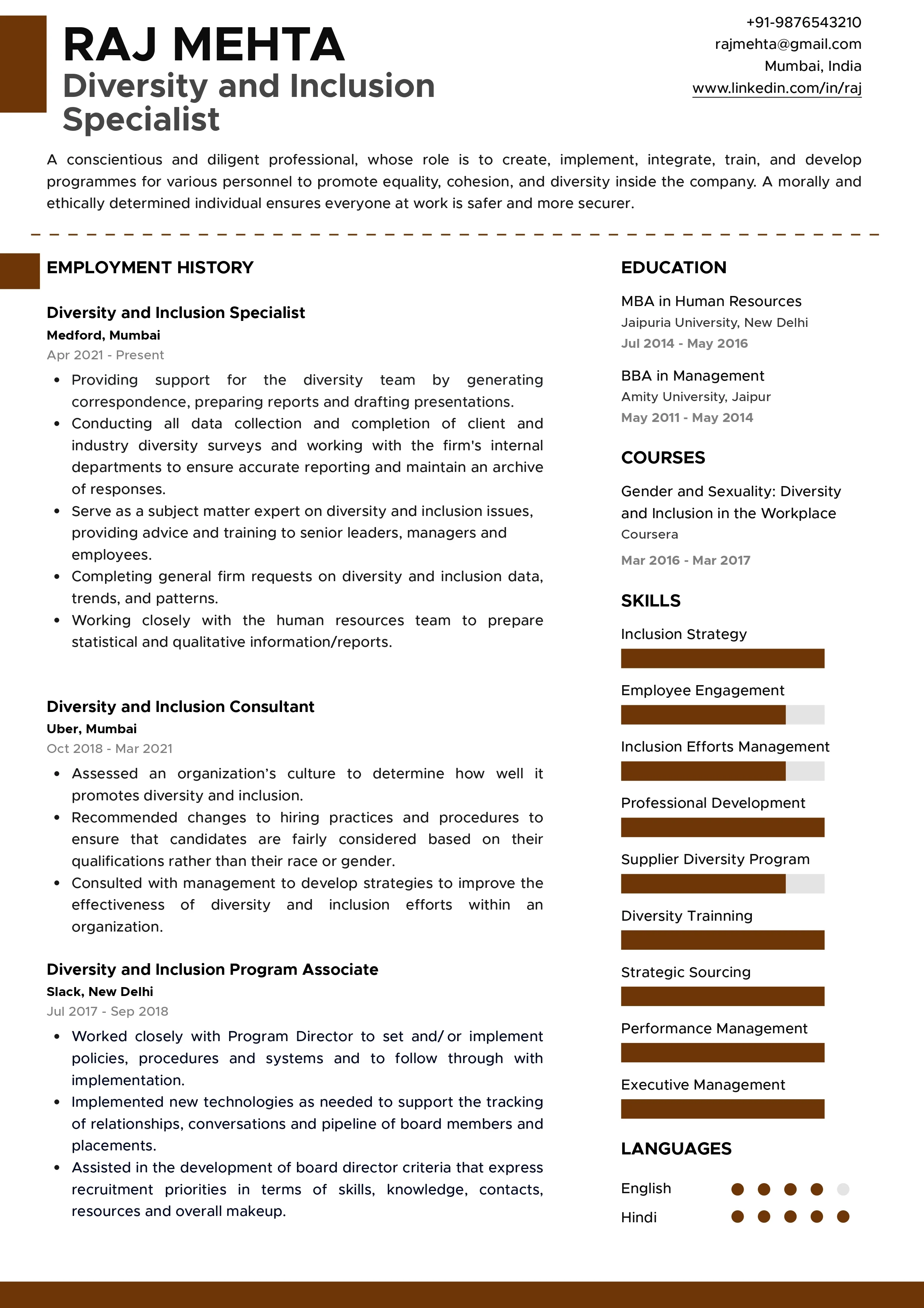 Sample Resume of Diversity and Inclusion Specialist | Free Resume Templates & Samples on Resumod.co