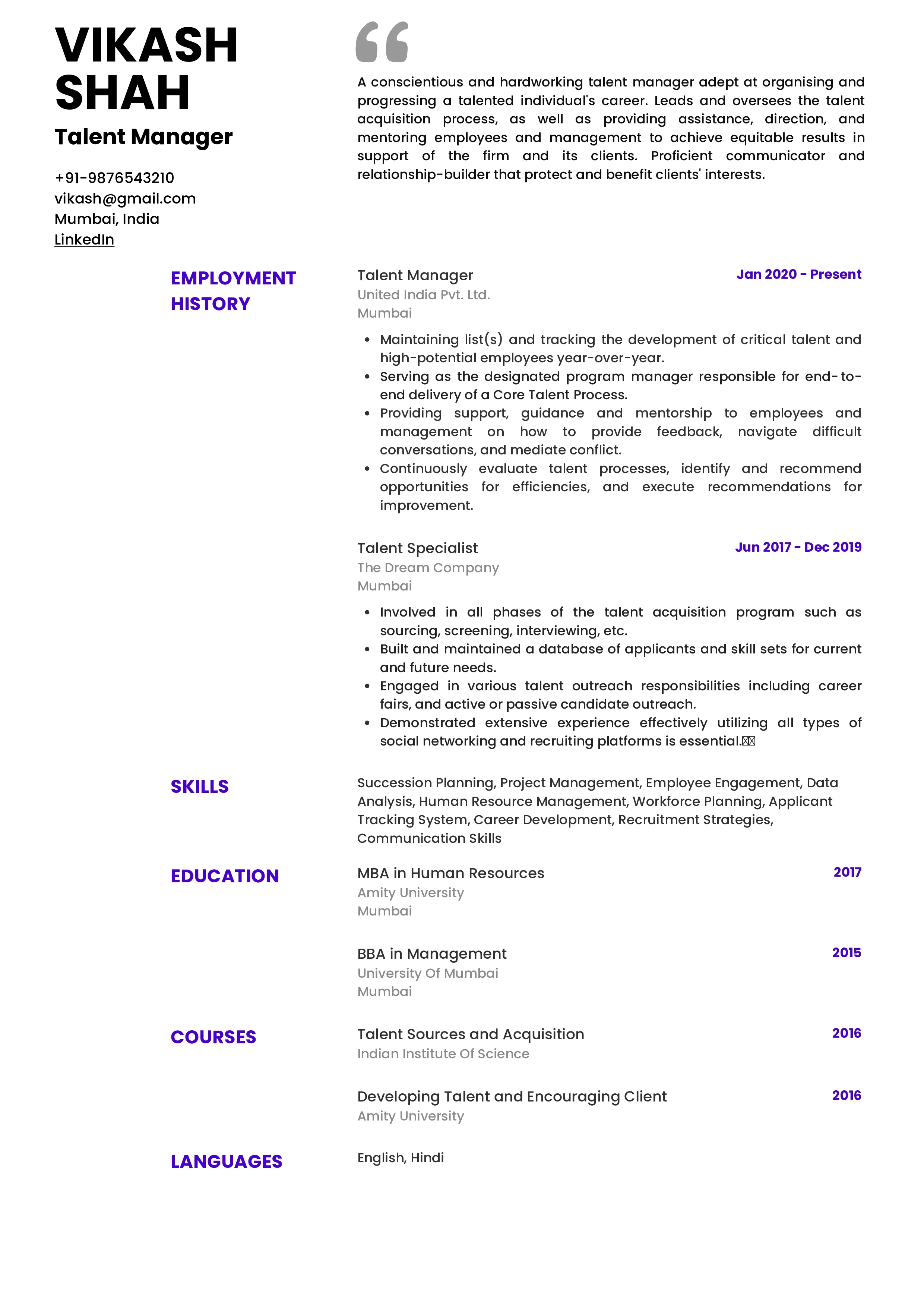 Sample Resume of Talent Manager | Free Resume Templates & Samples on Resumod.co