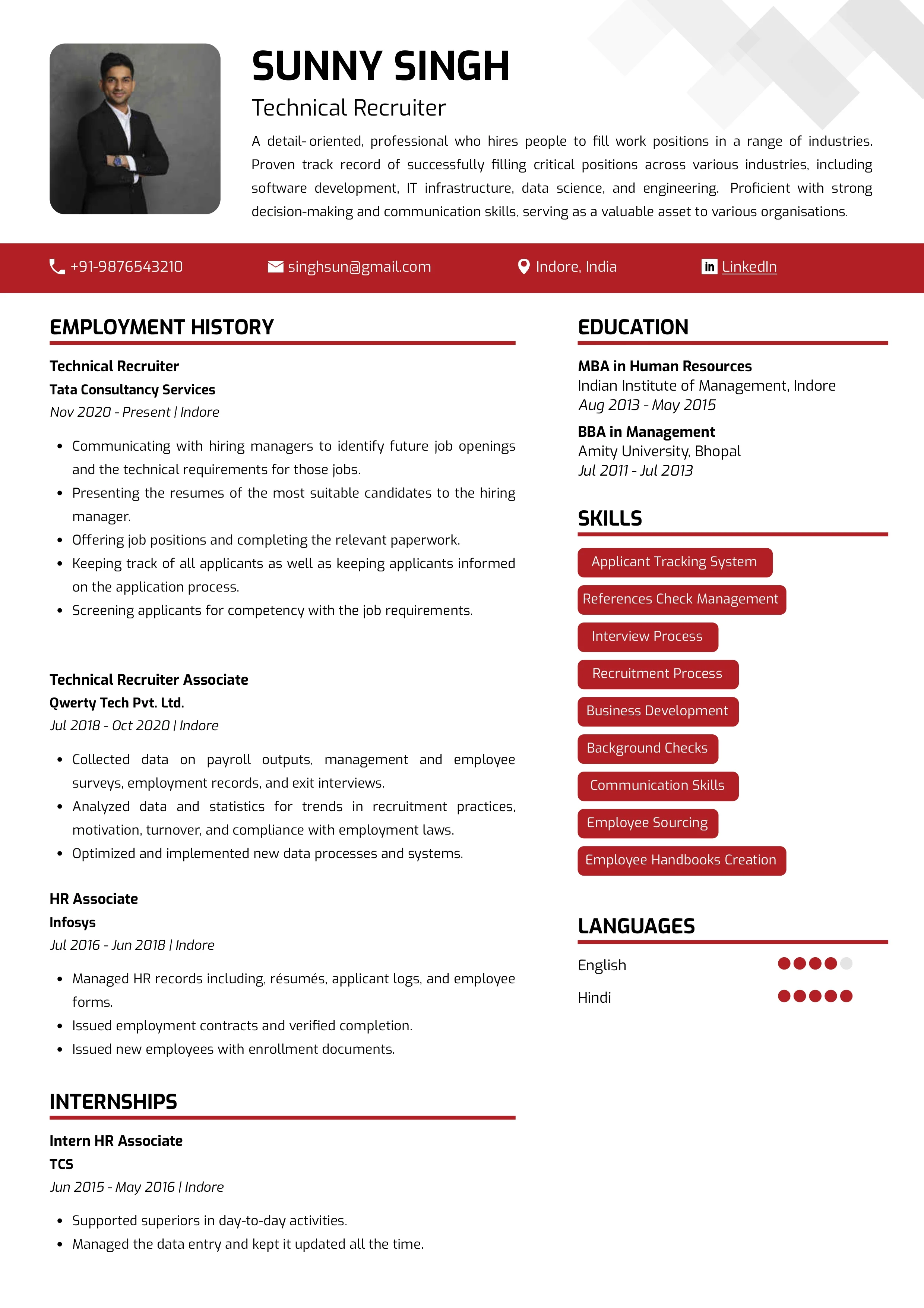 Sample Resume of Technical Recruiter | Free Resume Templates & Samples on Resumod.co