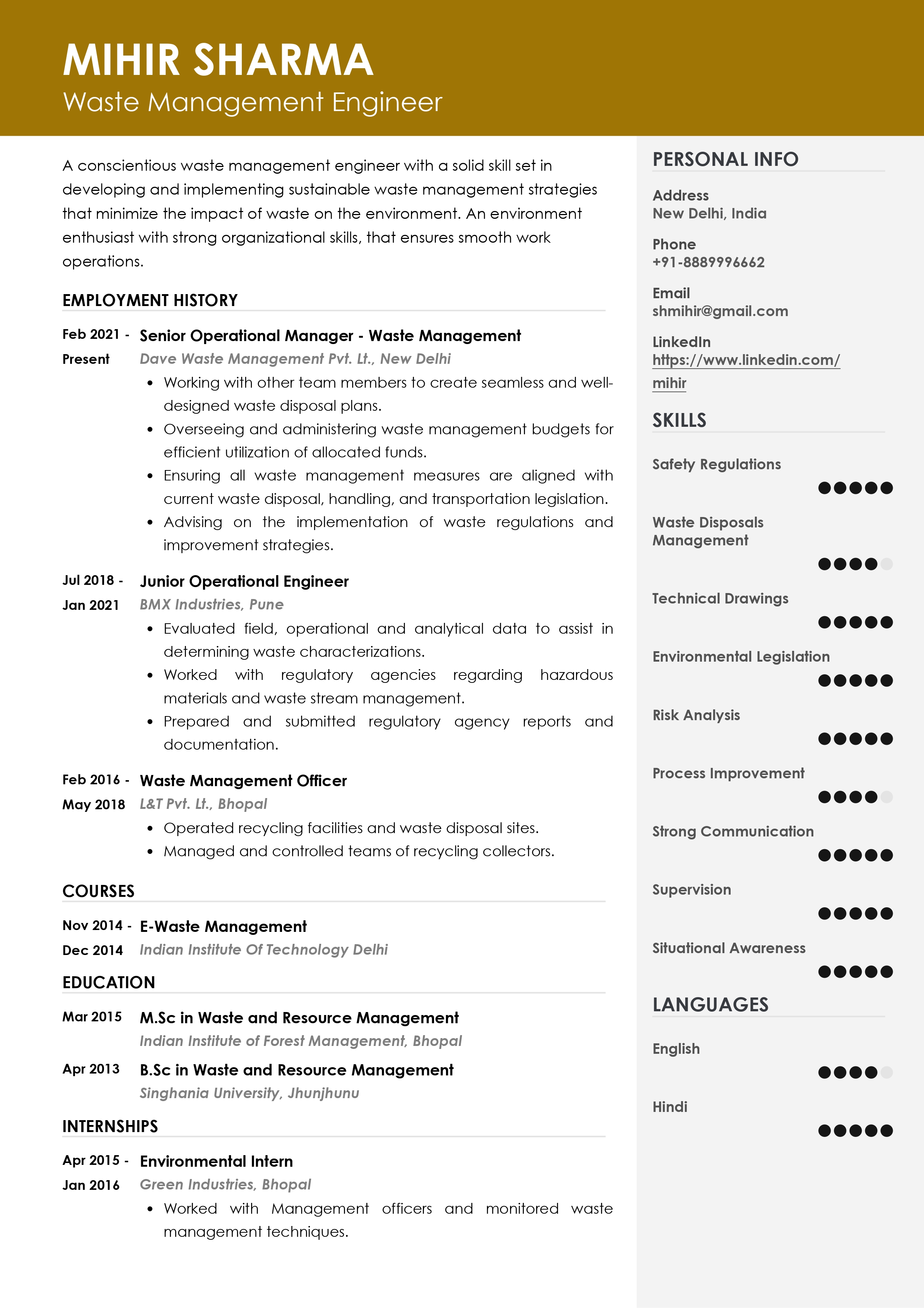 Sample Resume of Waste Management Engineer | Free Resume Templates & Samples on Resumod.co